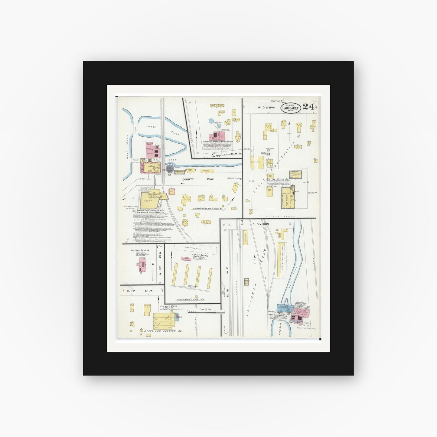 Old map wall art mockup — black gallery frame with white mat — Sanborn Fire Insurance Map from Faribault, Rice County, Minnesota (1909), Sheet #0024