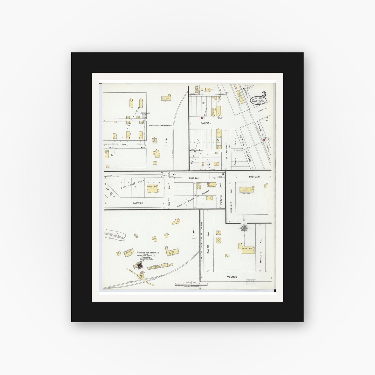 Old map wall art mockup — black gallery frame with white mat — Sanborn Fire Insurance Map from Caspian, Iron County, Michigan (1922), Sheet #0003