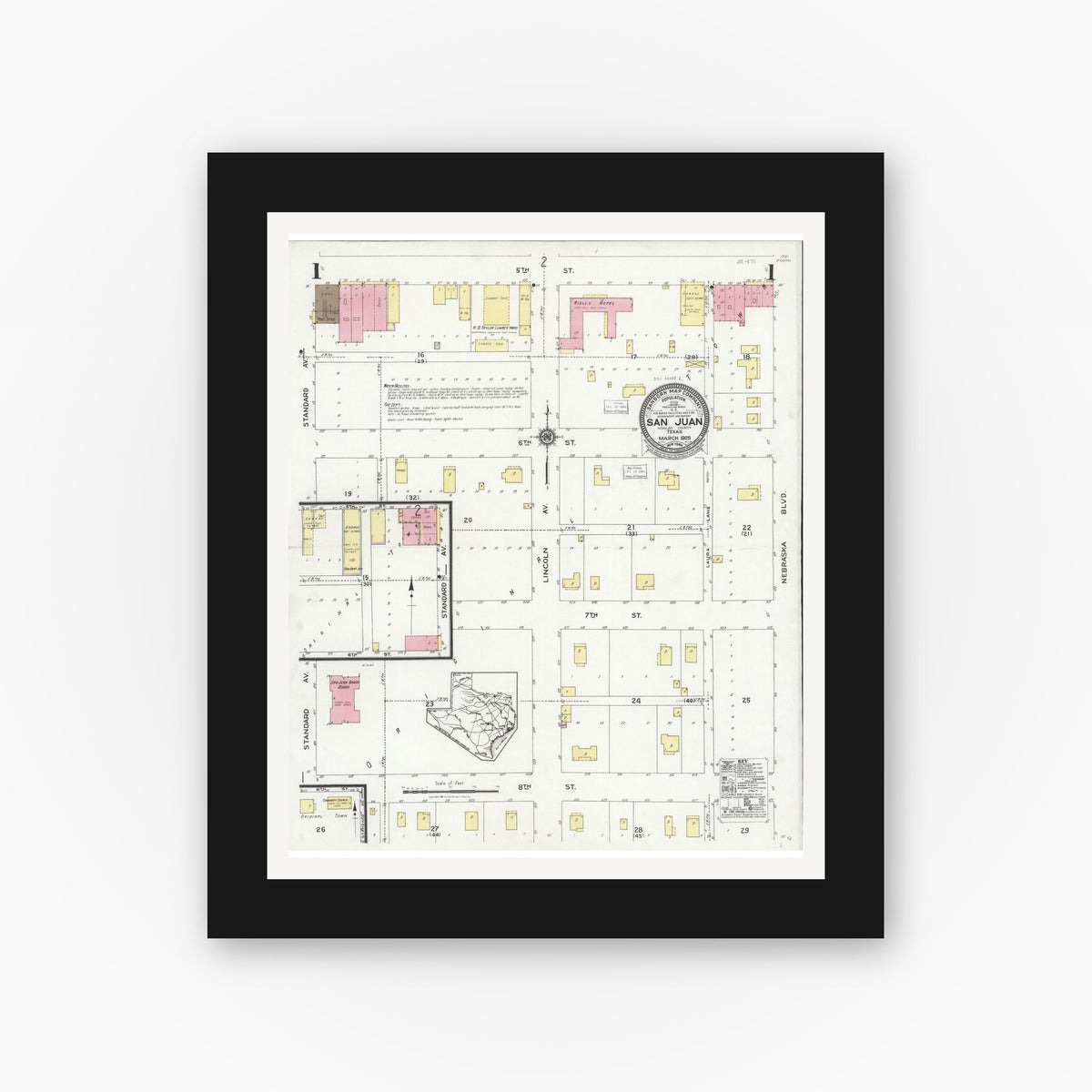 Old map wall art mockup — black gallery frame with white mat — Sanborn Fire Insurance Map from San Juan, Hidalgo County, Texas (1925) - Complete Map Set