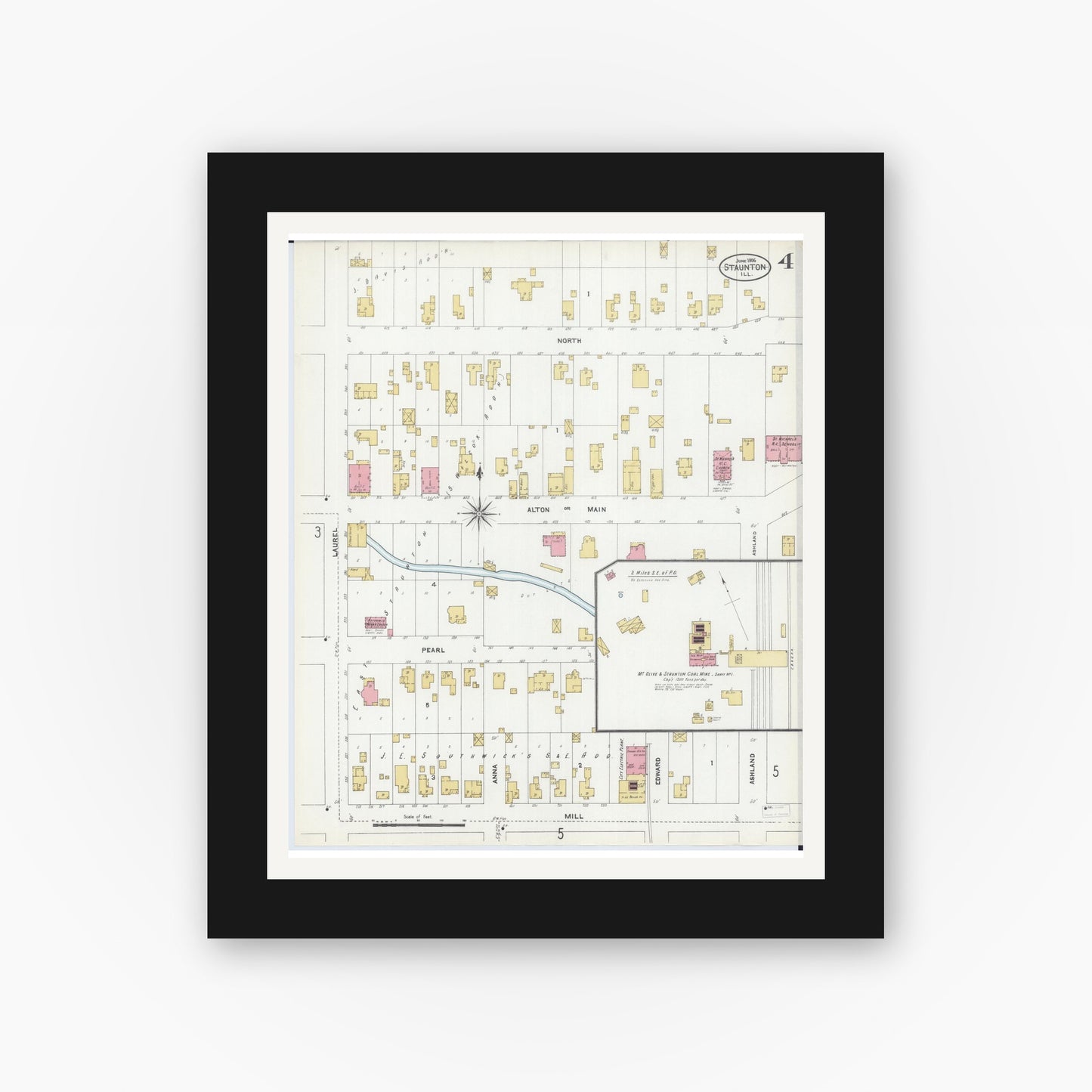 Old map wall art mockup — black gallery frame with white mat — Sanborn Fire Insurance Map from Staunton, Macoupin County, Illinois (1906), Sheet #0004