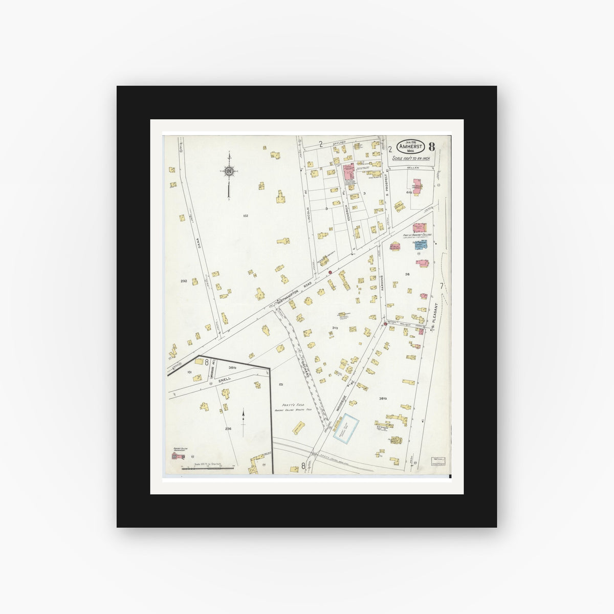 Old map wall art mockup — black gallery frame with white mat — Sanborn Fire Insurance Map from Amherst, Hampshire County, Massachusetts (1916), Sheet #0008