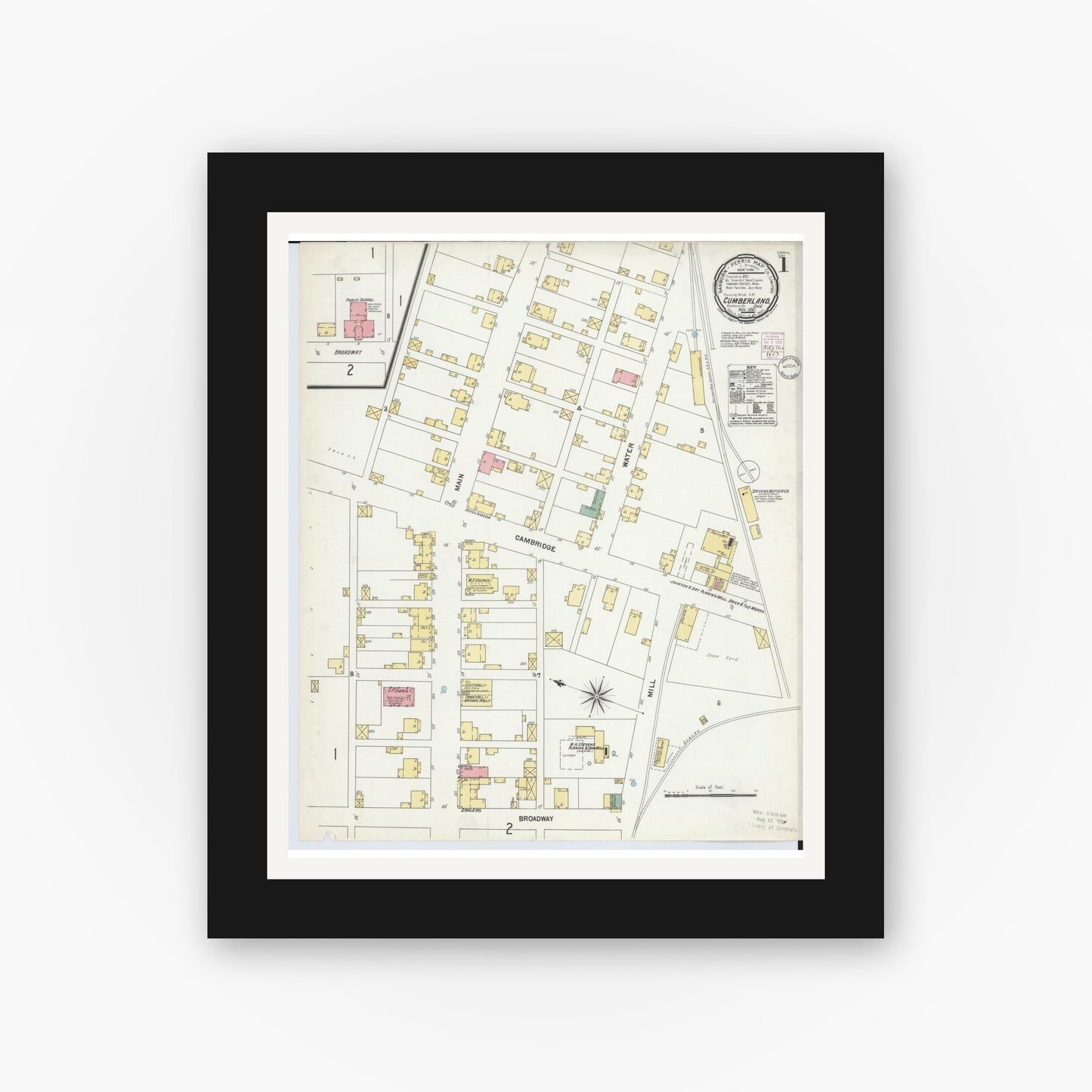 Old map wall art mockup — black gallery frame with white mat — Sanborn Fire Insurance Map from Cumberland, Guernsey County, Ohio (1901), Sheet #0001