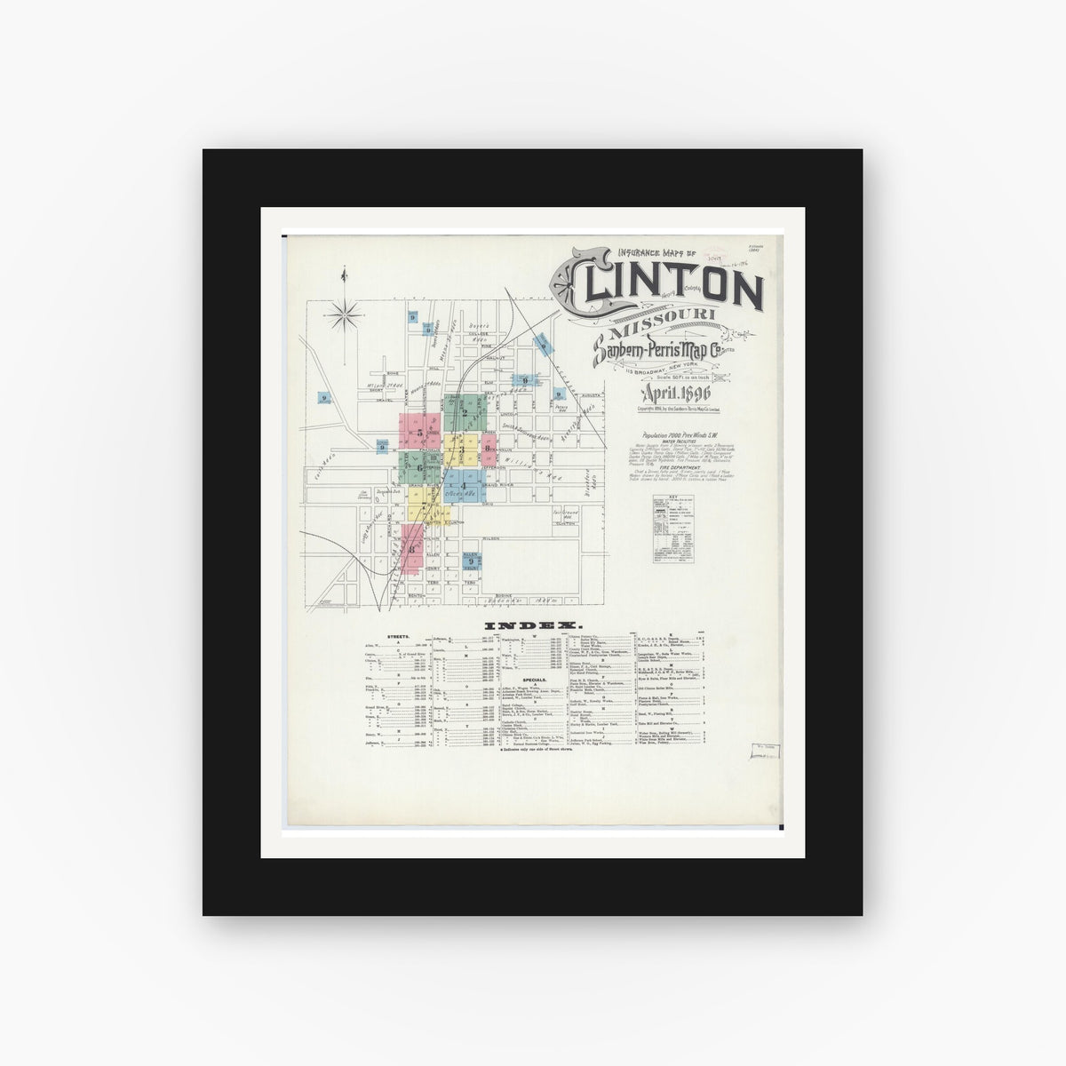 Old map wall art mockup — black gallery frame with white mat — Sanborn Fire Insurance Map from Clinton, Henry County, Missouri (1896) - Complete Map Set