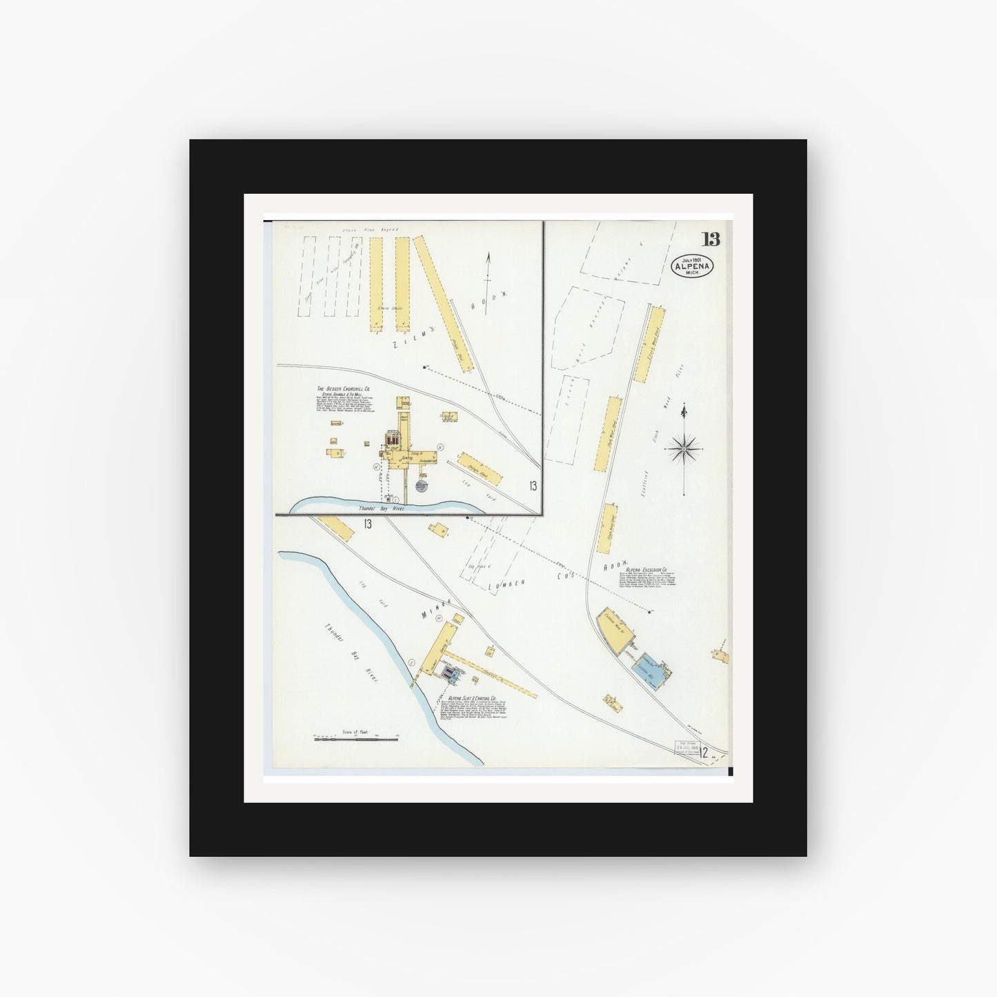 Old map wall art mockup — black gallery frame with white mat — Sanborn Fire Insurance Map from Alpena, Alpena County, Michigan (1901), Sheet #0013