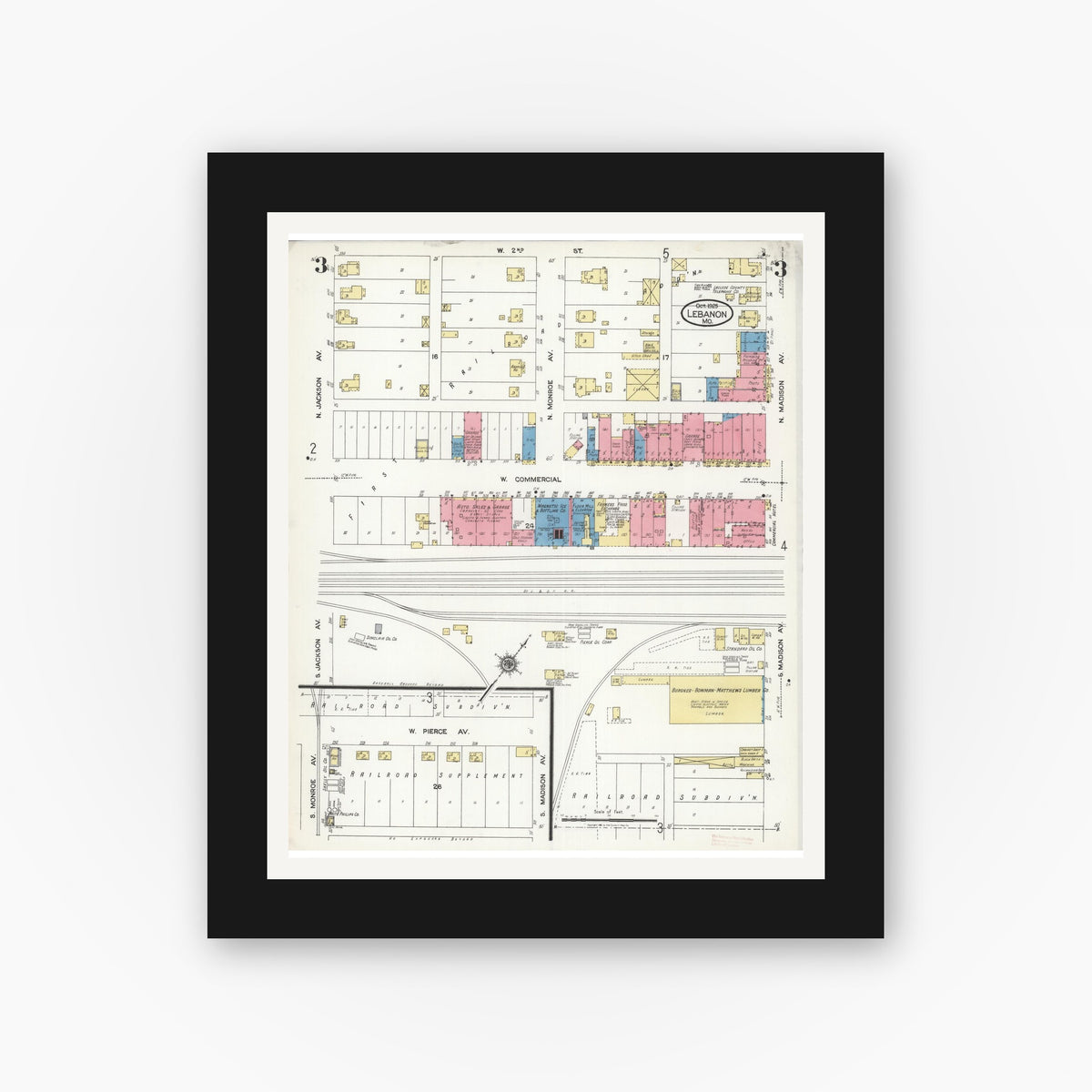 Old map wall art mockup — black gallery frame with white mat — Sanborn Fire Insurance Map from Lebanon, Laclede County, Missouri (1925), Sheet #0003