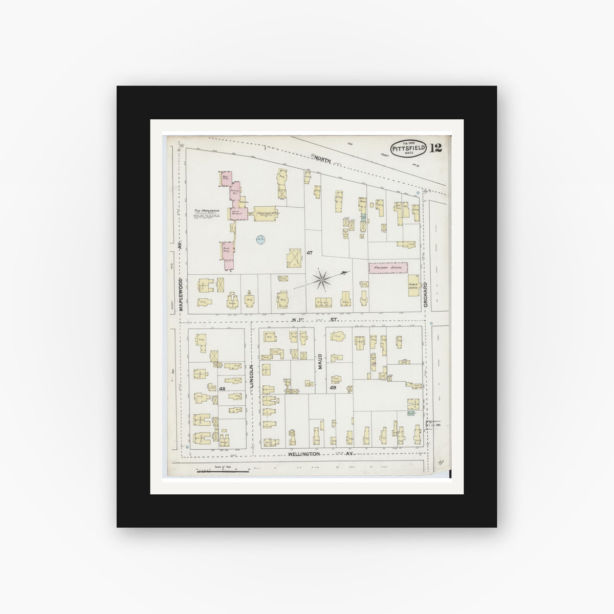 Old map wall art mockup — black gallery frame with white mat — Sanborn Fire Insurance Map from Pittsfield, Berkshire County, Massachusetts (1889), Sheet #0012