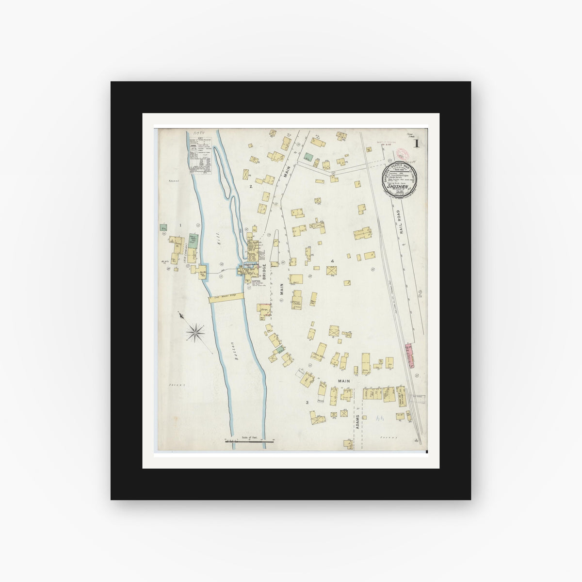 Old map wall art mockup — black gallery frame with white mat — Sanborn Fire Insurance Map from Shushan, Washington County, New York (1895) - Complete Map Set