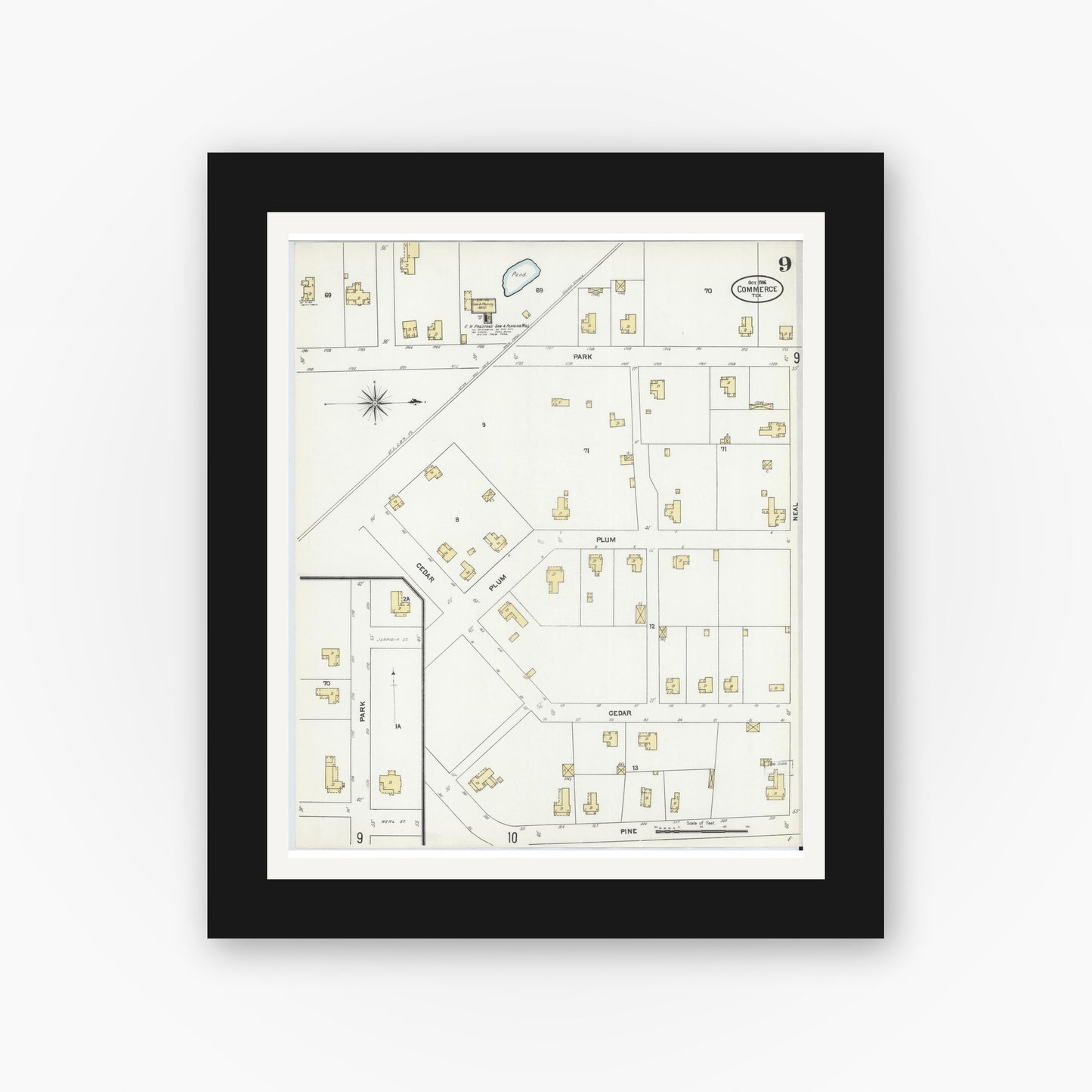 Old map wall art mockup — black gallery frame with white mat — Sanborn Fire Insurance Map from Commerce, Hunt County, Texas (1906), Sheet #0009