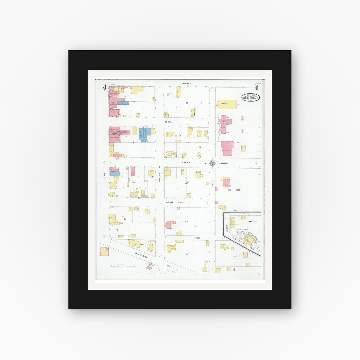 Old map wall art mockup — black gallery frame with white mat — Sanborn Fire Insurance Map from West Union, Adams County, Ohio (1930), Sheet #0004
