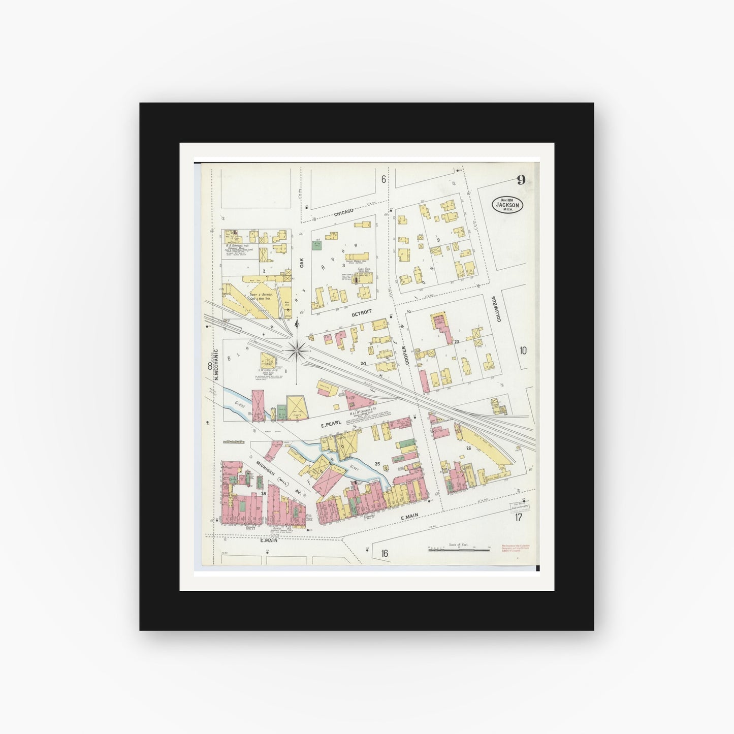 Old map wall art mockup — black gallery frame with white mat — Sanborn Fire Insurance Map from Jackson, Jackson County, Michigan (1899), Sheet #0009