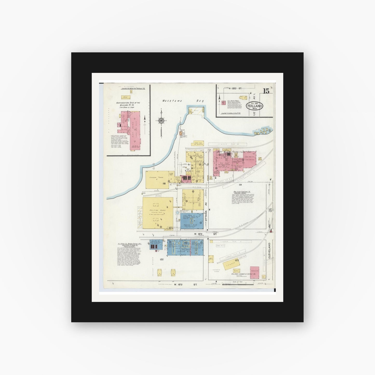 Old map wall art mockup — black gallery frame with white mat — Sanborn Fire Insurance Map from Holland, Ottawa County, Michigan (1916), Sheet #0015
