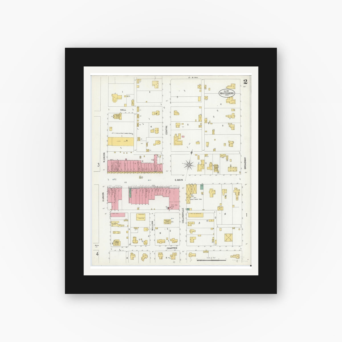 Old map wall art mockup — black gallery frame with white mat — Sanborn Fire Insurance Map from Whitesboro, Grayson County, Texas (1901), Sheet #0002
