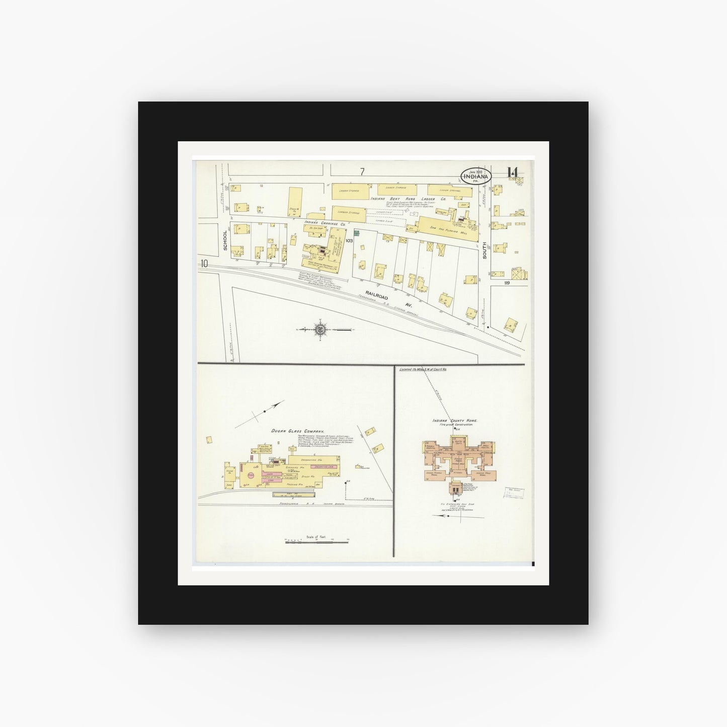 Old map wall art mockup — black gallery frame with white mat — Sanborn Fire Insurance Map from Indiana, Indiana County, Pennsylvania (1910), Sheet #0014