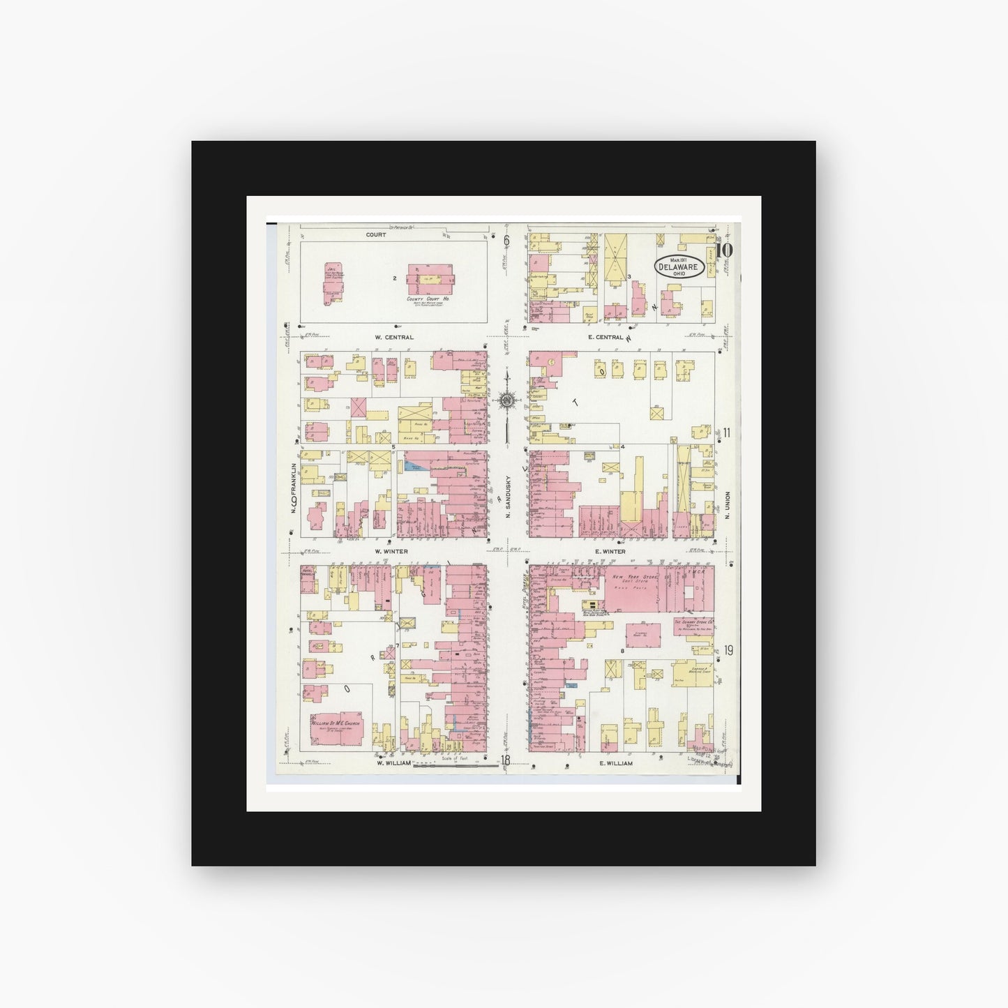 Old map wall art mockup — black gallery frame with white mat — Sanborn Fire Insurance Map from Delaware, Delaware County, Ohio (1911), Sheet #0010