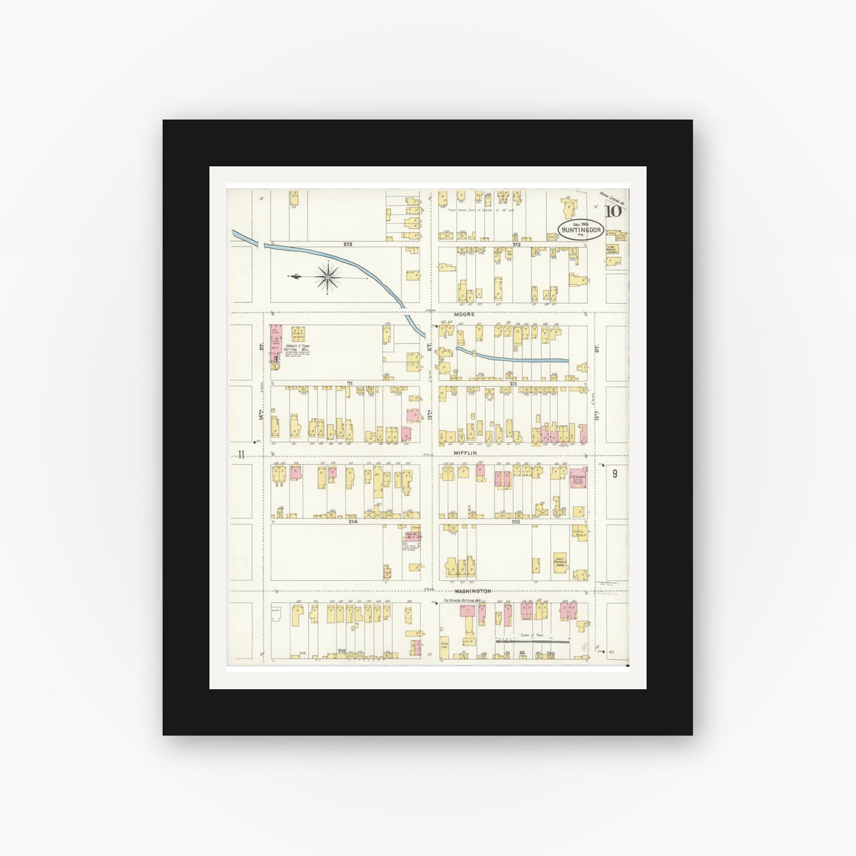 Old map wall art mockup β black gallery frame with white mat β Sanborn Fire Insurance Map from Huntingdon, Huntingdon County, Pennsylvania (1906), Sheet #0010
