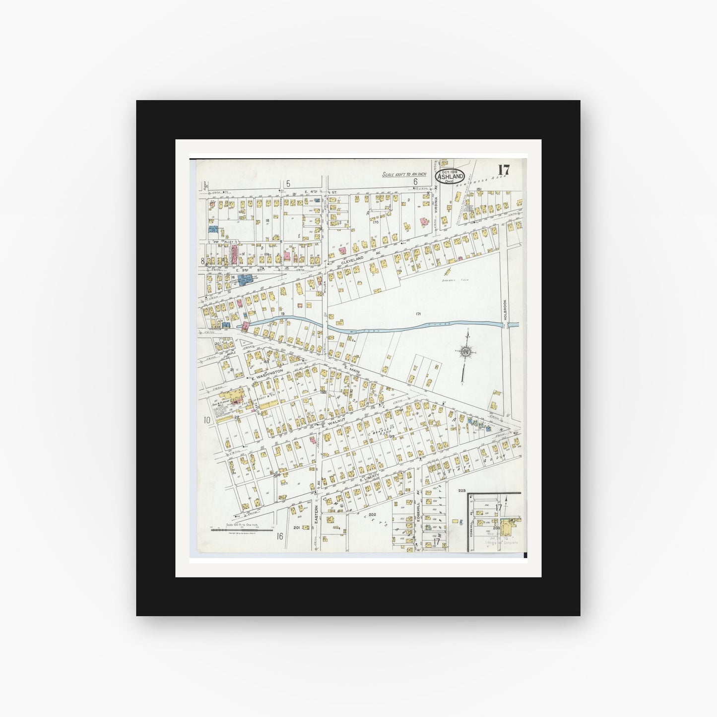 Old map wall art mockup — black gallery frame with white mat — Sanborn Fire Insurance Map from Ashland, Ashland County, Ohio (1919), Sheet #0017
