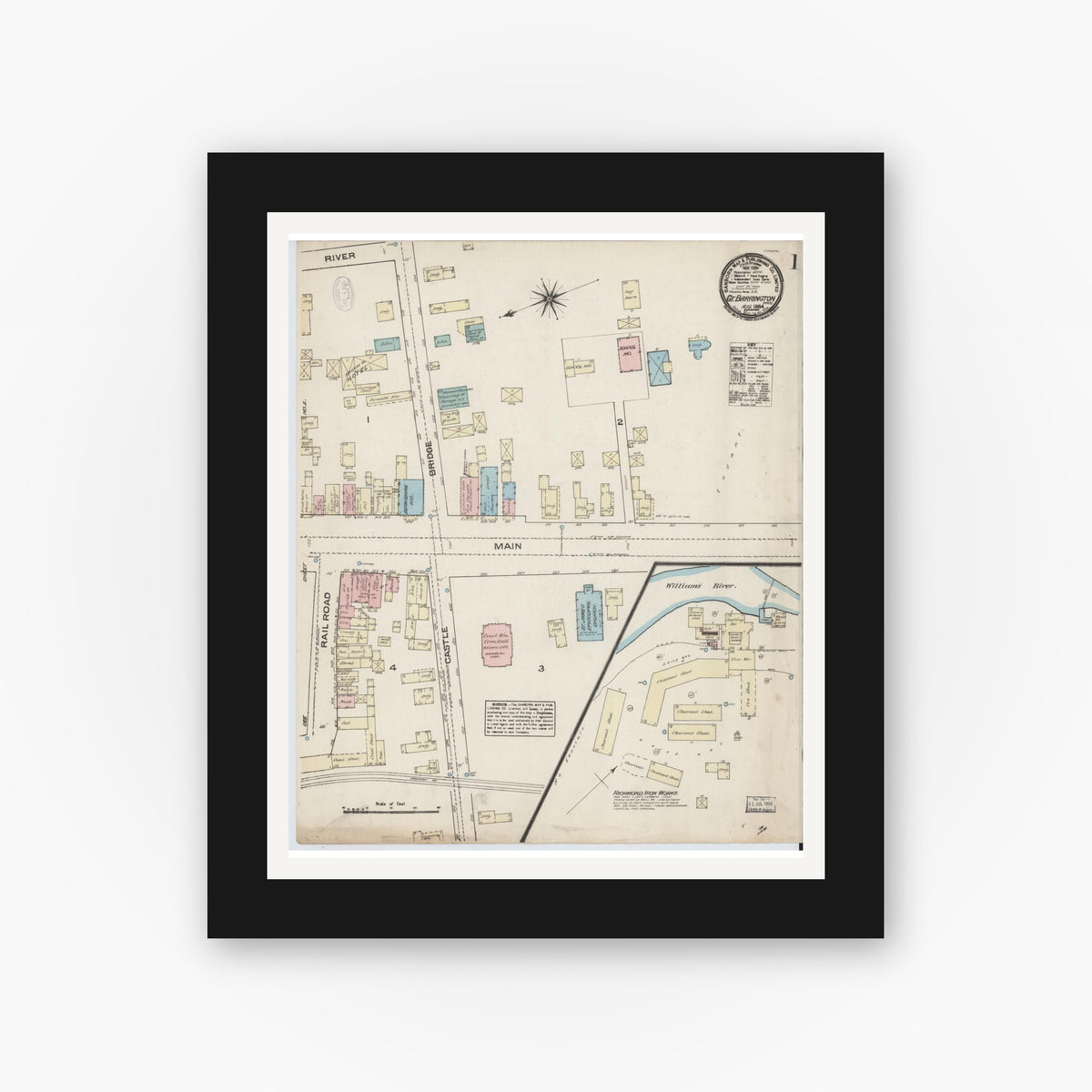 Old map wall art mockup — black gallery frame with white mat — Sanborn Fire Insurance Map from Great Barrington, Berkshire County, Massachusetts (1884) - Complete Map Set