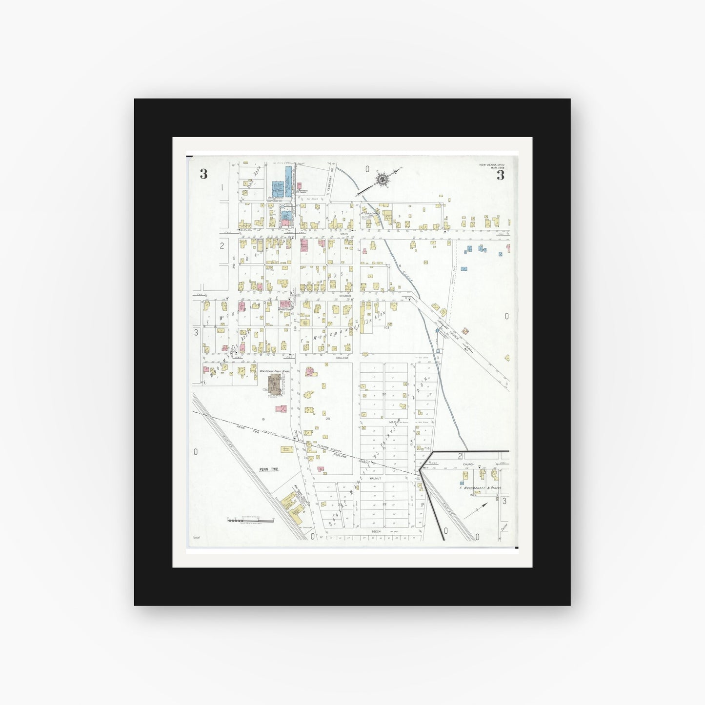 Old map wall art mockup — black gallery frame with white mat — Sanborn Fire Insurance Map from New Vienna, Clinton County, Ohio (1948), Sheet #0003