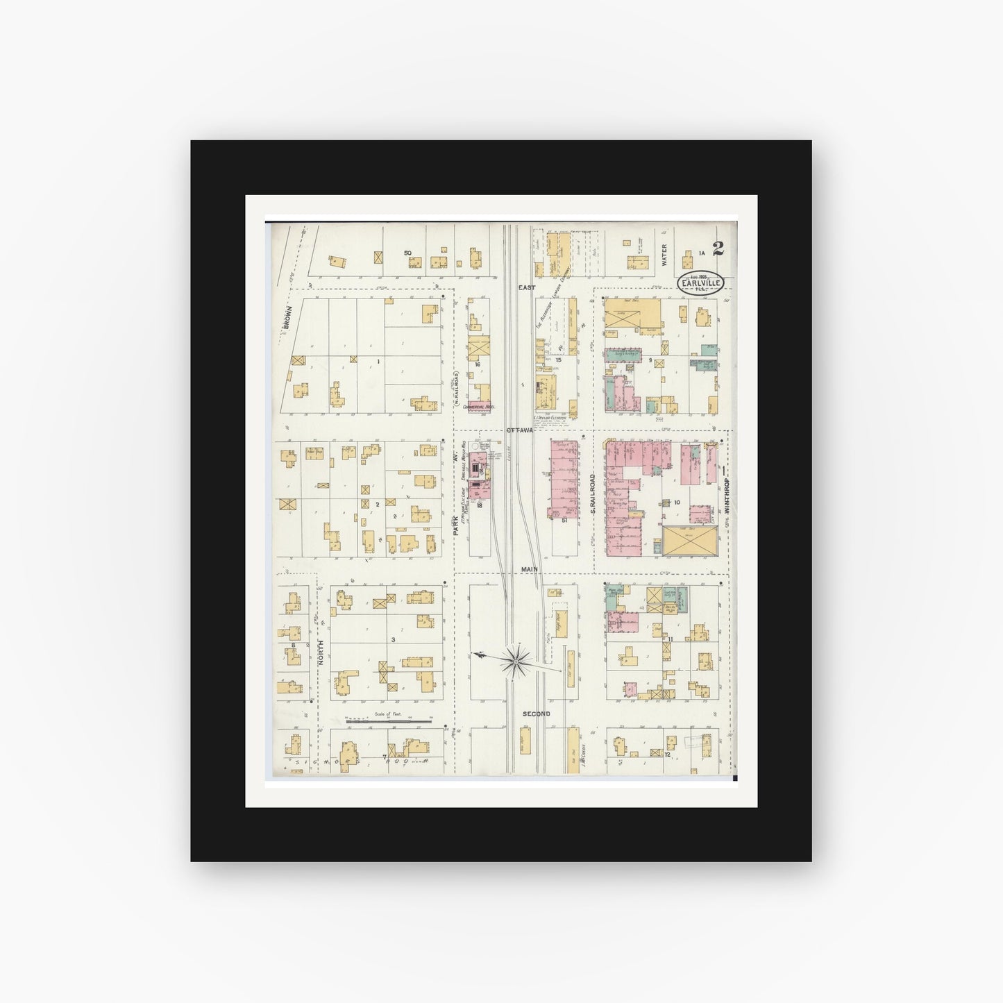 Old map wall art mockup — black gallery frame with white mat — Sanborn Fire Insurance Map from Earlville, La Salle County, Illinois (1905), Sheet #0002