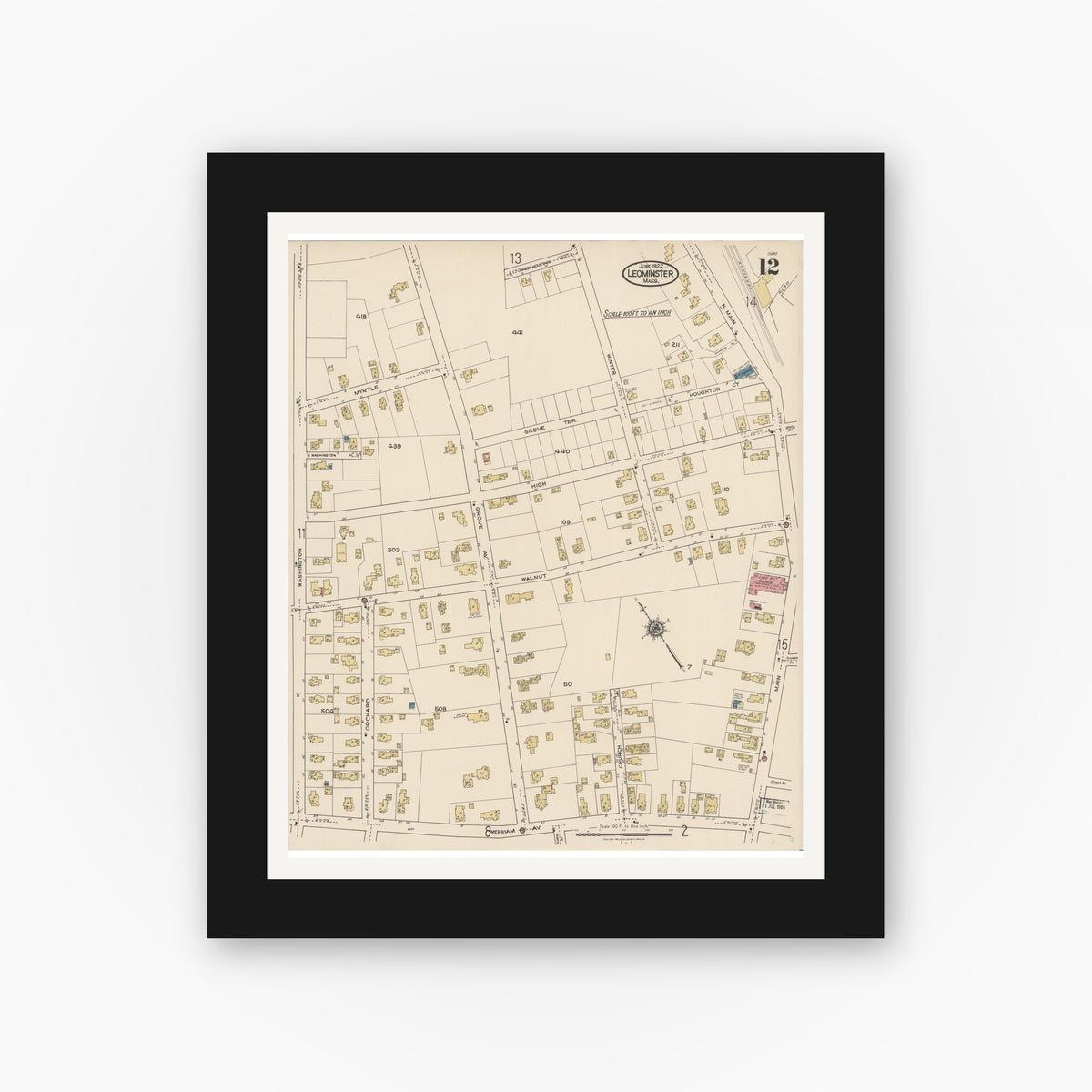 Old map wall art mockup — black gallery frame with white mat — Sanborn Fire Insurance Map from Leominster, Worcester County, Massachusetts (1922), Sheet #0012