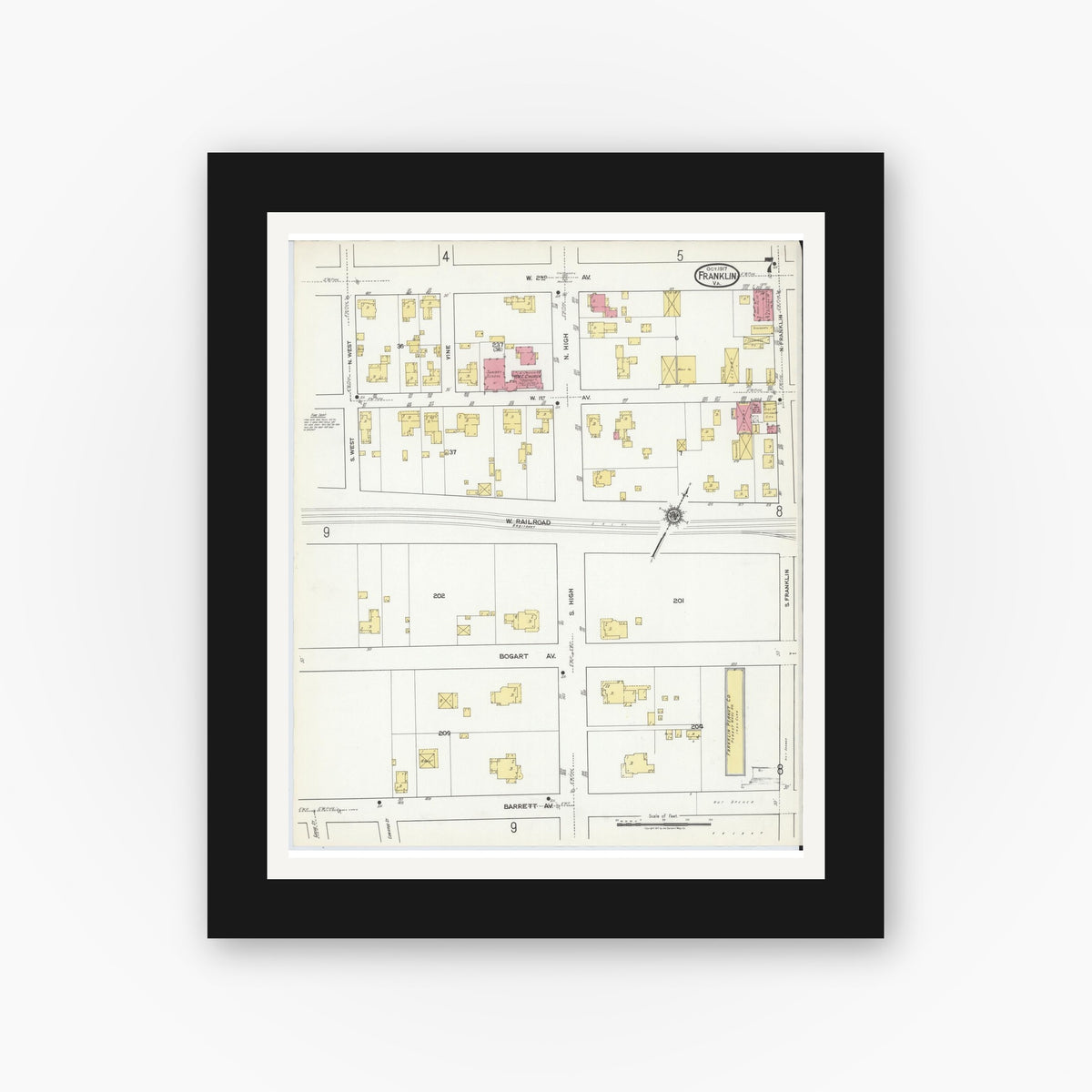 Old map wall art mockup — black gallery frame with white mat — Sanborn Fire Insurance Map from Franklin, Independent Cities, Virginia (1917), Sheet #0007