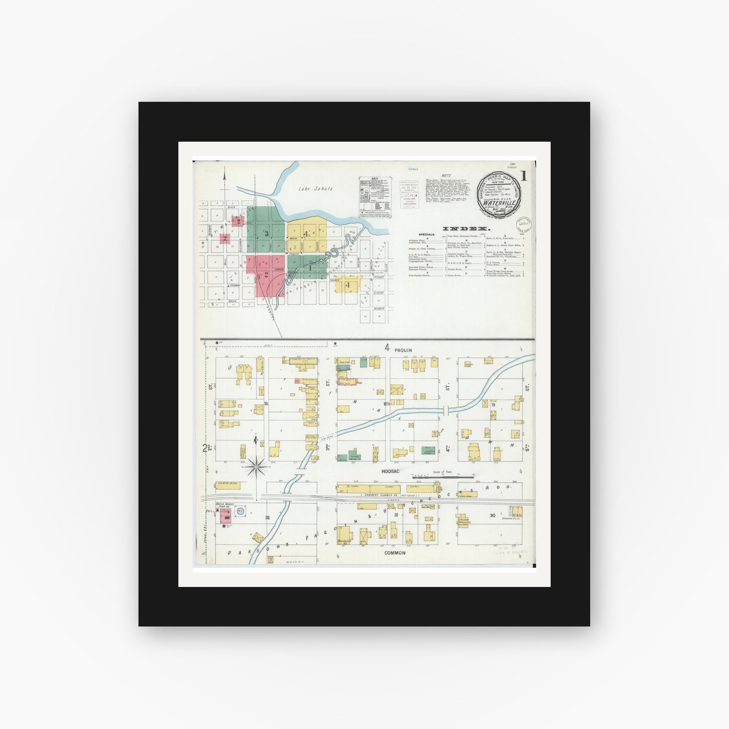 Old map wall art mockup — black gallery frame with white mat — Sanborn Fire Insurance Map from Waterville, Le Sueur County, Minnesota (1900) - Complete Map Set
