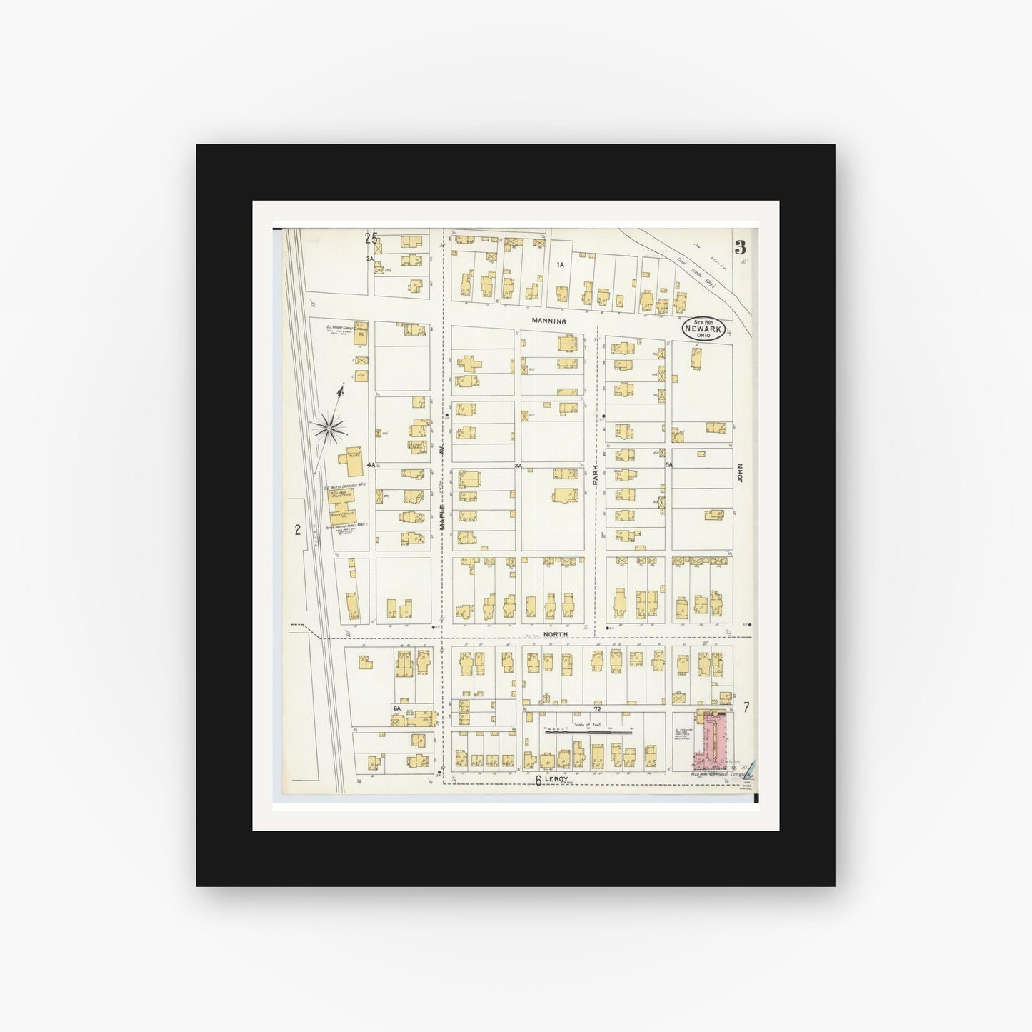 Old map wall art mockup — black gallery frame with white mat — Sanborn Fire Insurance Map from Newark, Licking County, Ohio (1905), Sheet #0003