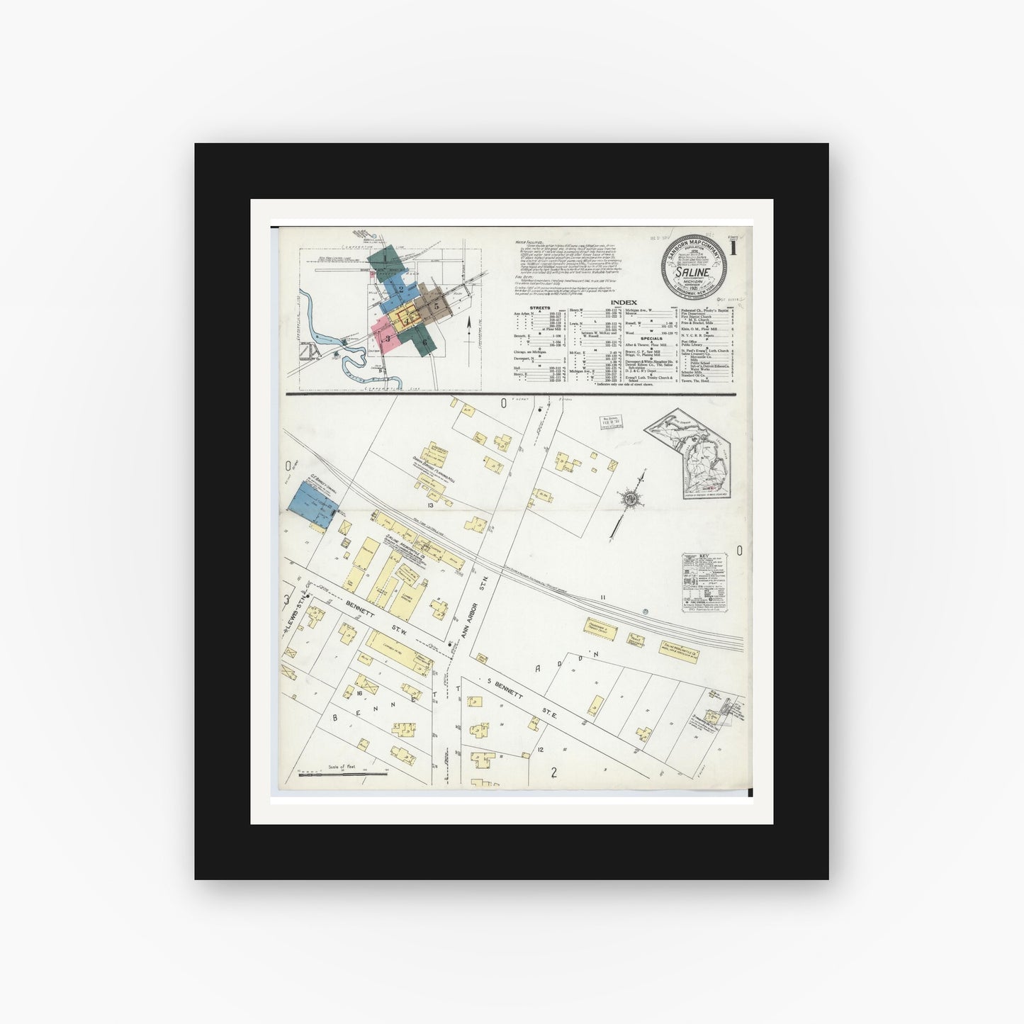 Old map wall art mockup — black gallery frame with white mat — Sanborn Fire Insurance Map from Saline, Washtenaw County, Michigan (1921) - Complete Map Set