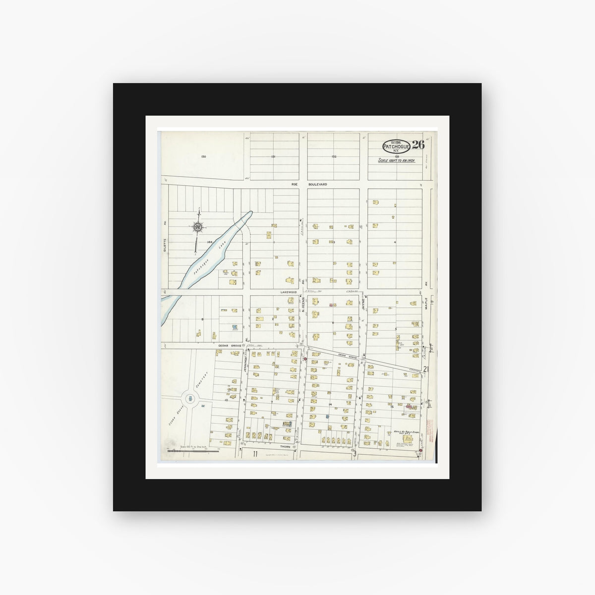 Old map wall art mockup — black gallery frame with white mat — Sanborn Fire Insurance Map from Patchogue, Suffolk County, New York (1916), Sheet #0026