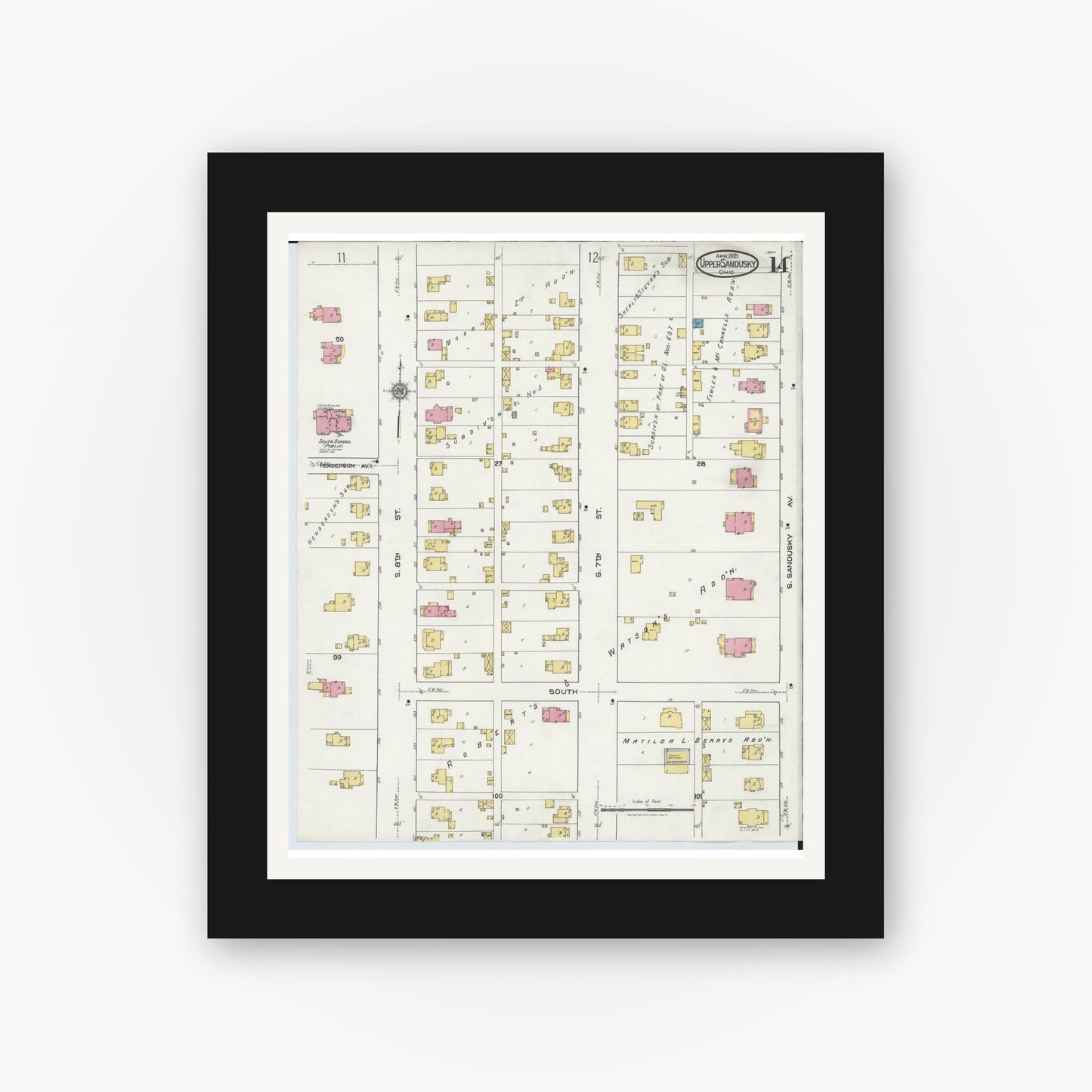 Old map wall art mockup — black gallery frame with white mat — Sanborn Fire Insurance Map from Upper Sandusky, Wyandot County, Ohio (1921), Sheet #0014