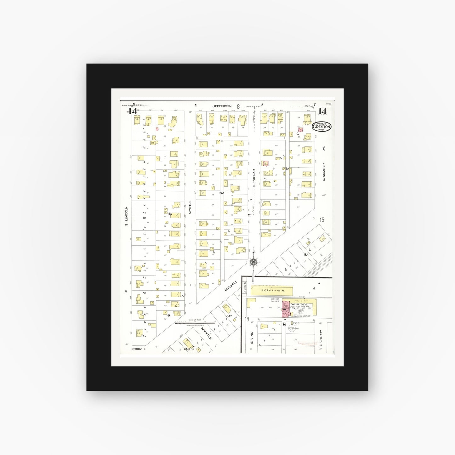 Old map wall art mockup — black gallery frame with white mat — Sanborn Fire Insurance Map from Creston, Union County, Iowa (1923), Sheet #0014