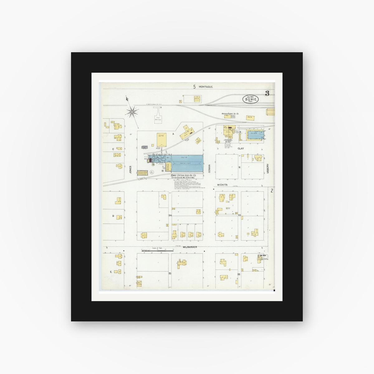 Old map wall art mockup — black gallery frame with white mat — Sanborn Fire Insurance Map from Bowie, Montague County, Texas (1902), Sheet #0003