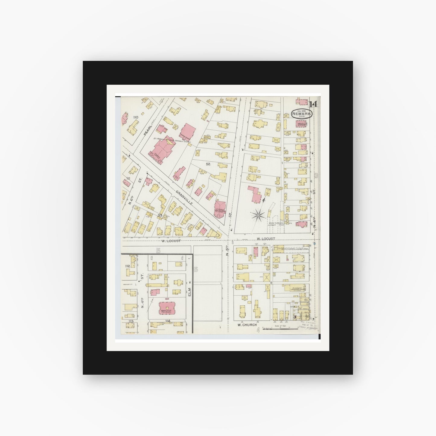 Old map wall art mockup — black gallery frame with white mat — Sanborn Fire Insurance Map from Newark, Licking County, Ohio (1893), Sheet #0014