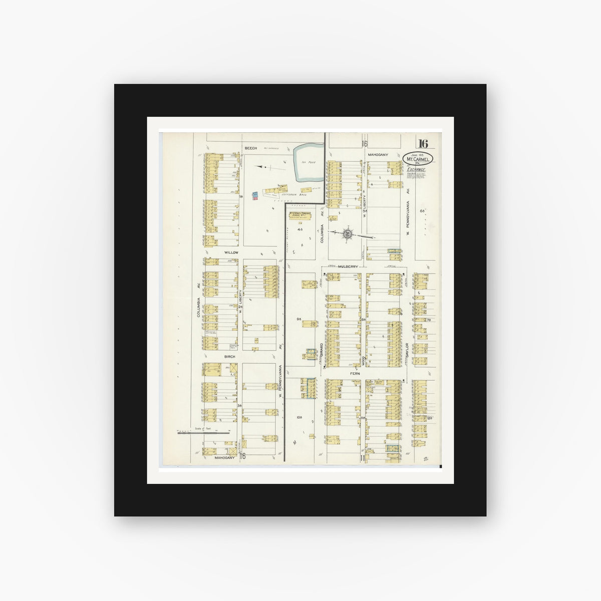 Old map wall art mockup — black gallery frame with white mat — Sanborn Fire Insurance Map from Mount Carmel, Northumberland County, Pennsylvania (1913), Sheet #0016