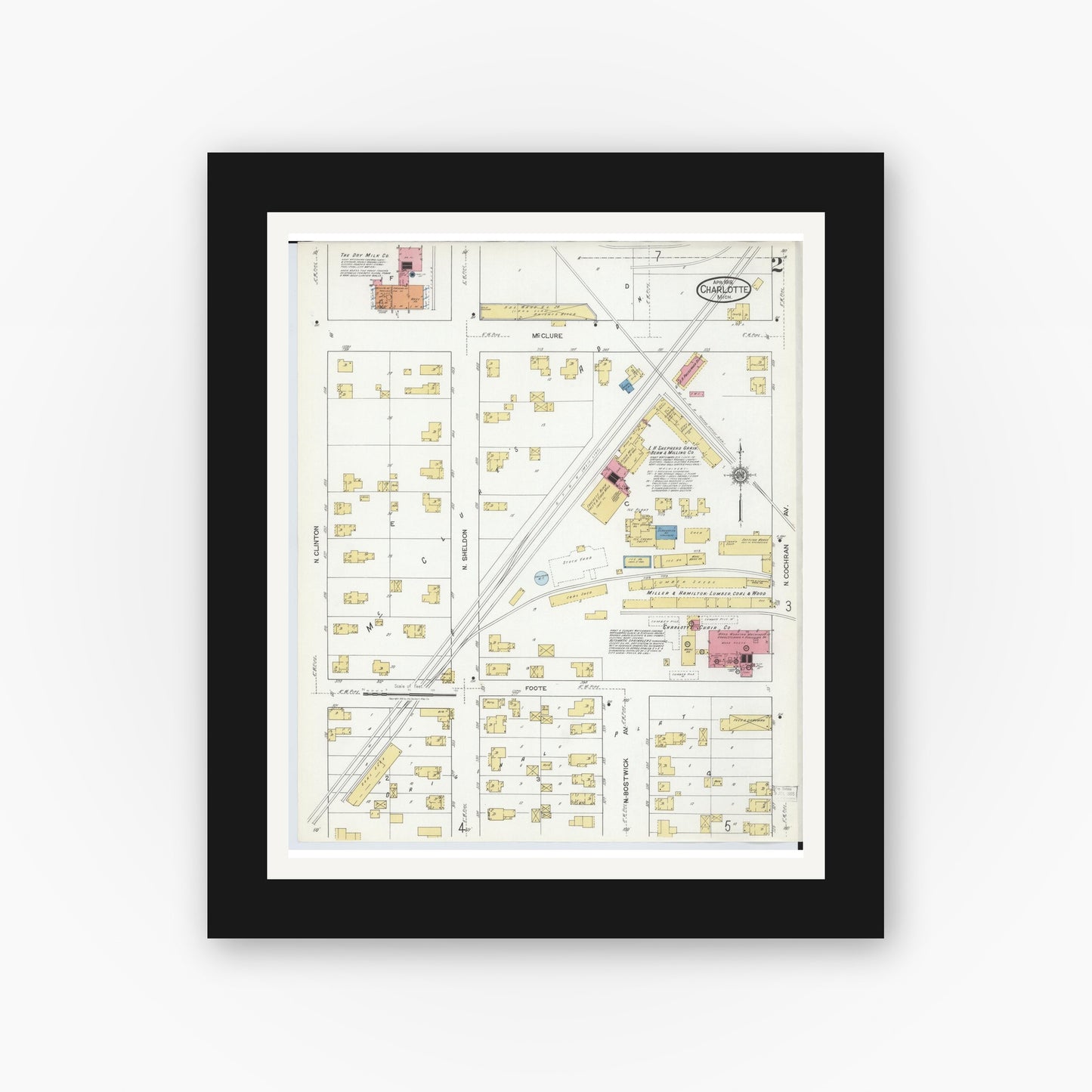 Old map wall art mockup — black gallery frame with white mat — Sanborn Fire Insurance Map from Charlotte, Eaton County, Michigan (1918), Sheet #0002