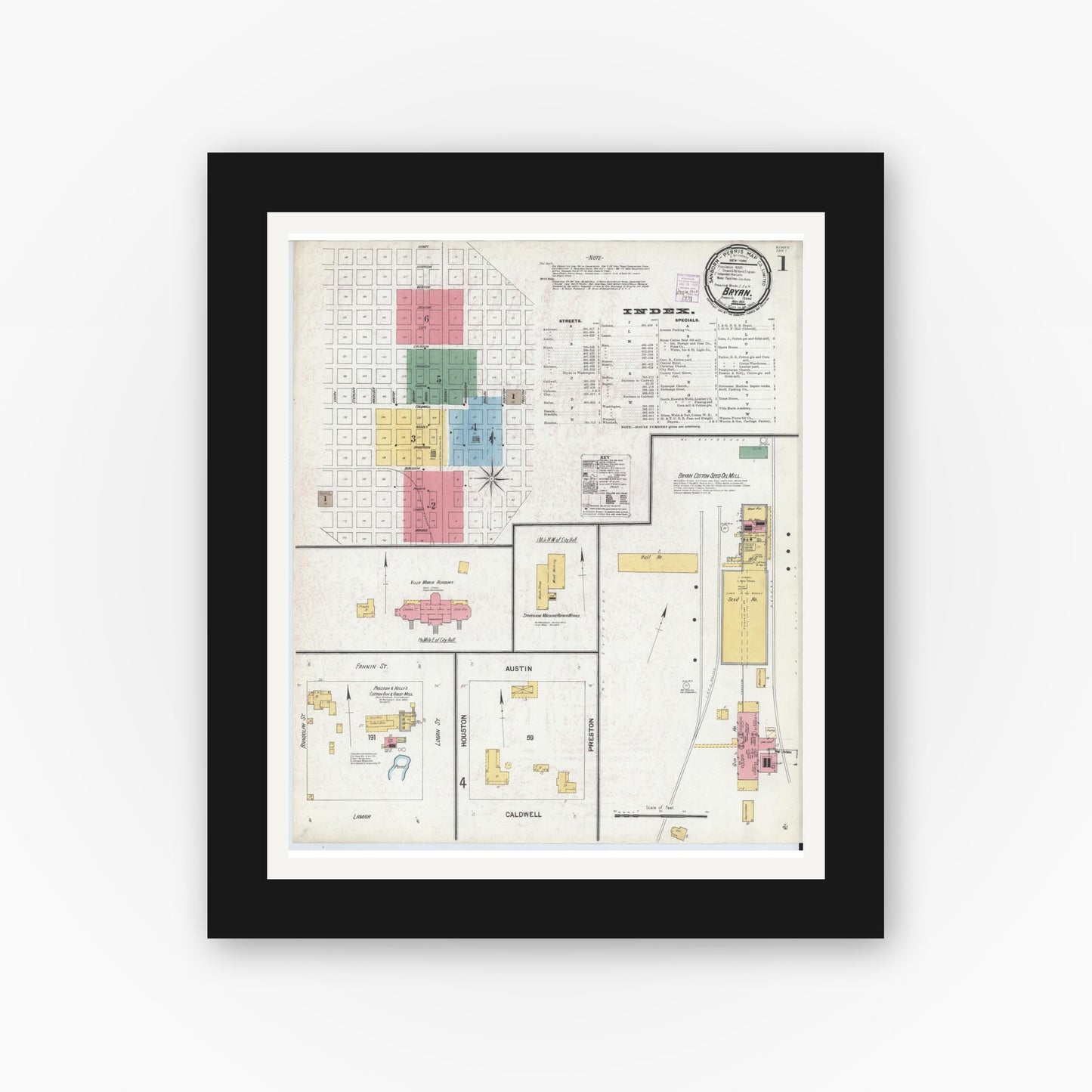 Old map wall art mockup — black gallery frame with white mat — Sanborn Fire Insurance Map from Bryan, Brazos County, Texas (1901), Sheet #0001