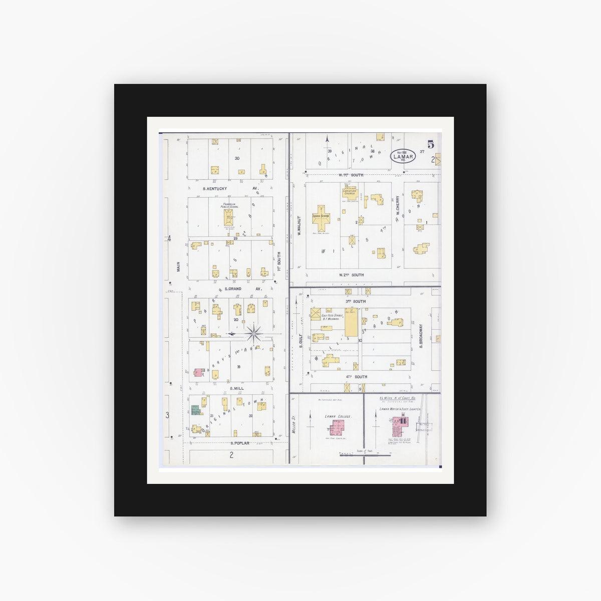 Old map wall art mockup — black gallery frame with white mat — Sanborn Fire Insurance Map from Lamar, Barton County, Missouri (1902), Sheet #0005