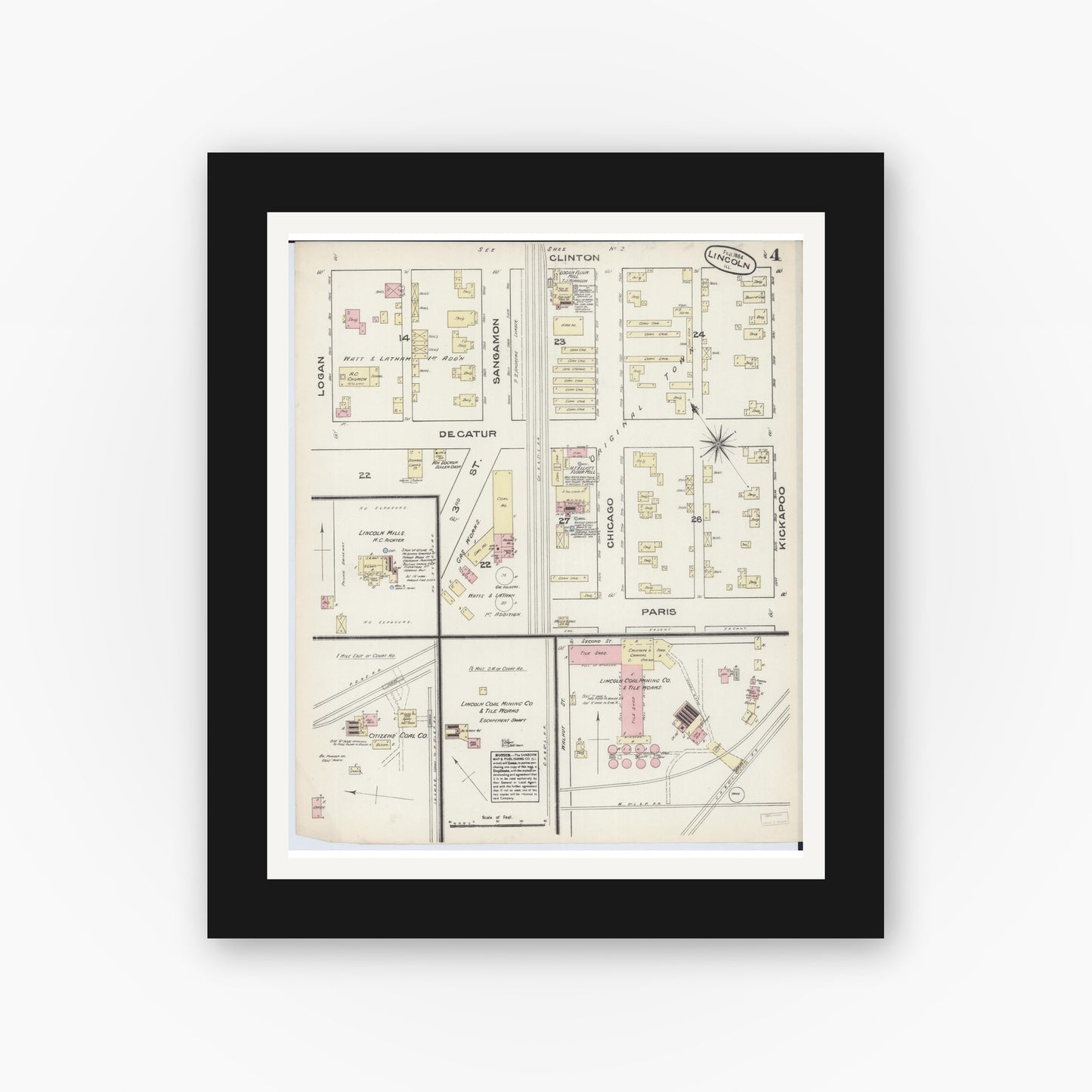 Old map wall art mockup — black gallery frame with white mat — Sanborn Fire Insurance Map from Lincoln, Logan County, Illinois (1884), Sheet #0004