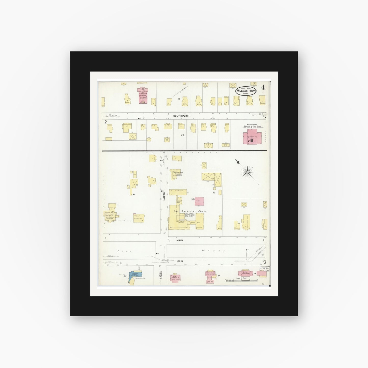 Old map wall art mockup — black gallery frame with white mat — Sanborn Fire Insurance Map from Williamstown, Berkshire County, Massachusetts (1908), Sheet #0004