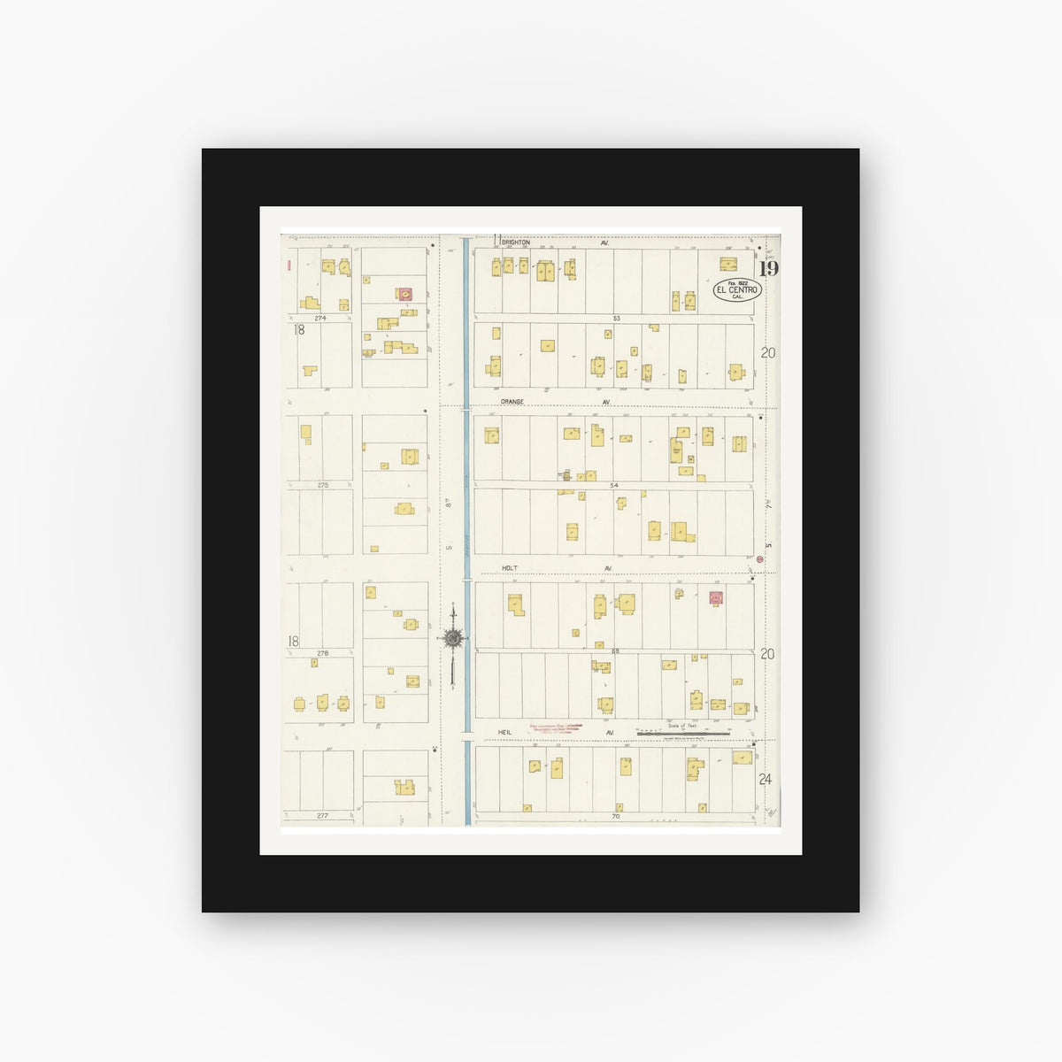Old map wall art mockup — black gallery frame with white mat — Sanborn Fire Insurance Map from El Centro, Imperial County, California (1922), Sheet #0019
