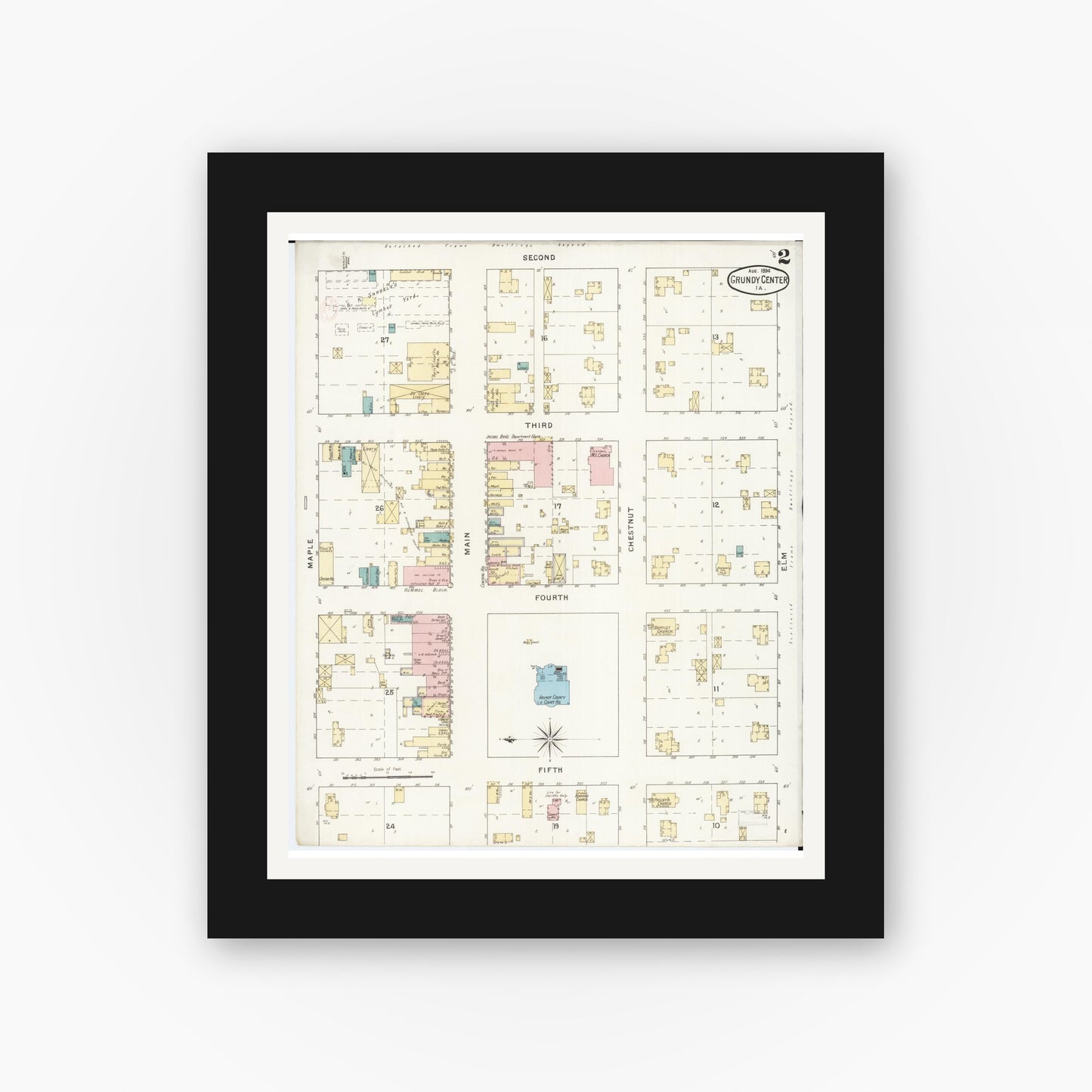 Old map wall art mockup — black gallery frame with white mat — Sanborn Fire Insurance Map from Grundy Center, Grundy County, Iowa (1894), Sheet #0002