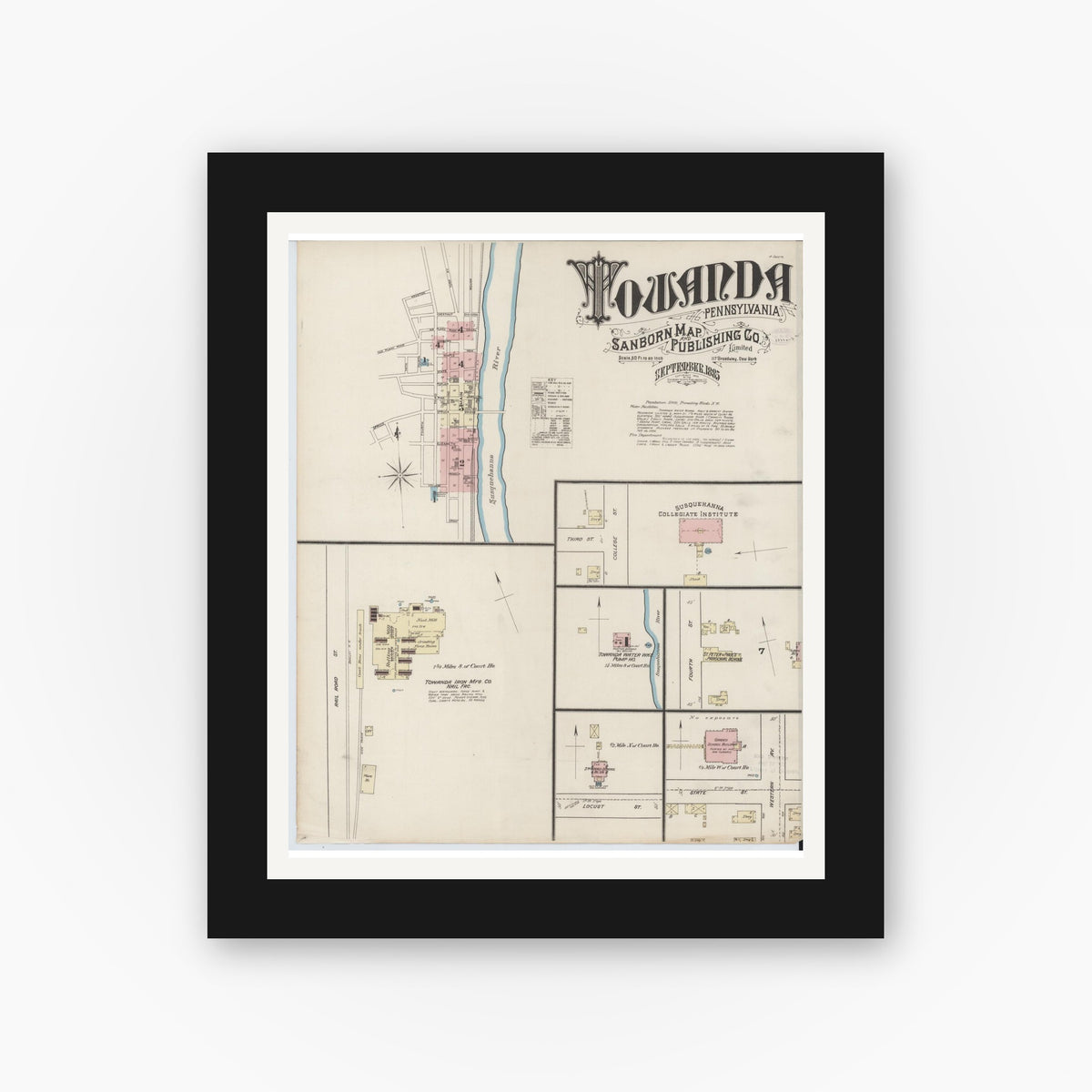 Old map wall art mockup — black gallery frame with white mat — Sanborn Fire Insurance Map from Towanda, Bradford County, Pennsylvania (1885) - Complete Map Set