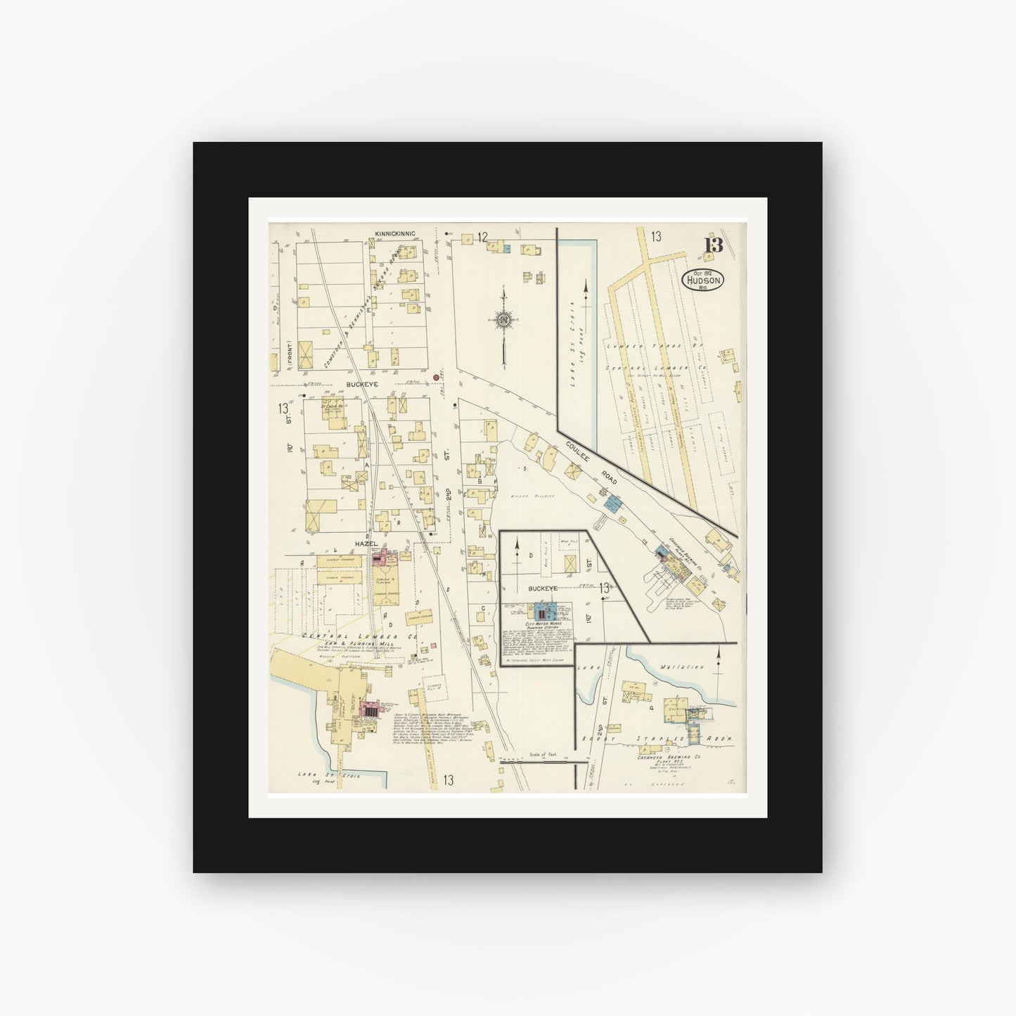 Old map wall art mockup — black gallery frame with white mat — Sanborn Fire Insurance Map from Hudson, St. Croix County, Wisconsin (1912), Sheet #0013