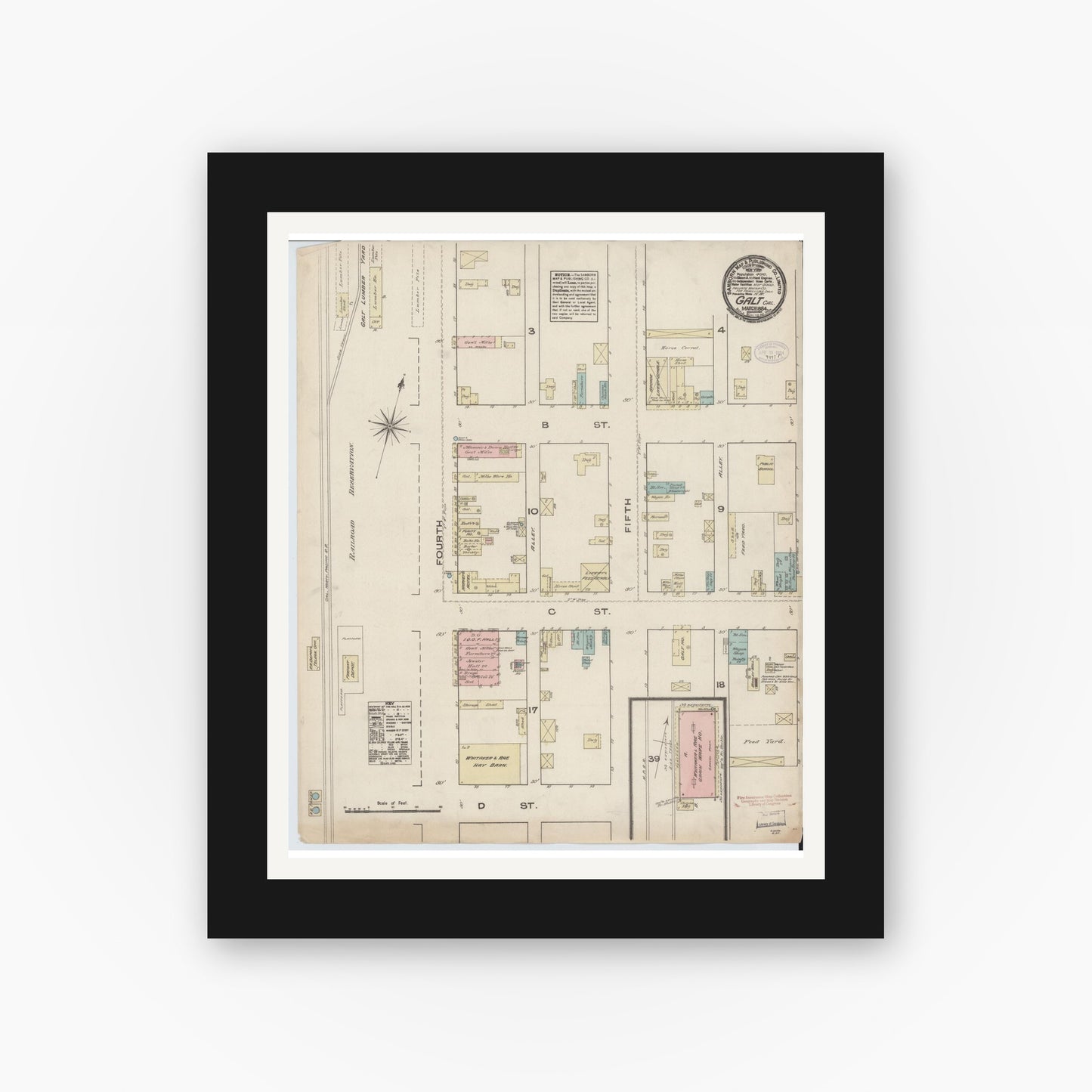 Old map wall art mockup — black gallery frame with white mat — Sanborn Fire Insurance Map from Galt, Sacramento County, California (1884), Sheet #0001