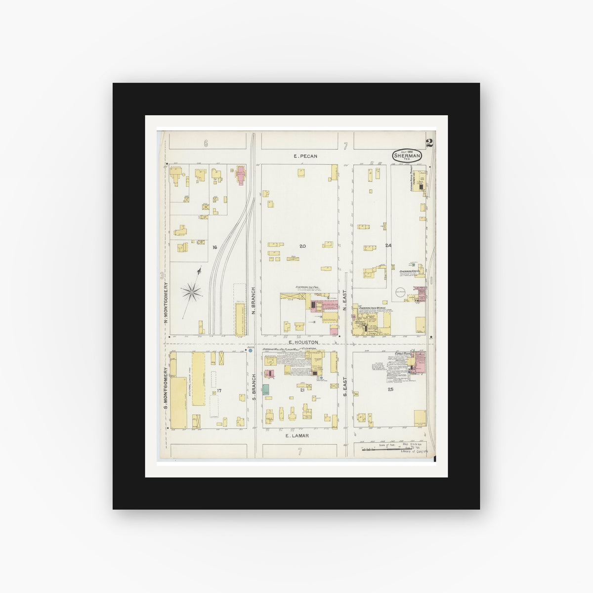 Old map wall art mockup — black gallery frame with white mat — Sanborn Fire Insurance Map from Sherman, Grayson County, Texas (1892), Sheet #0002