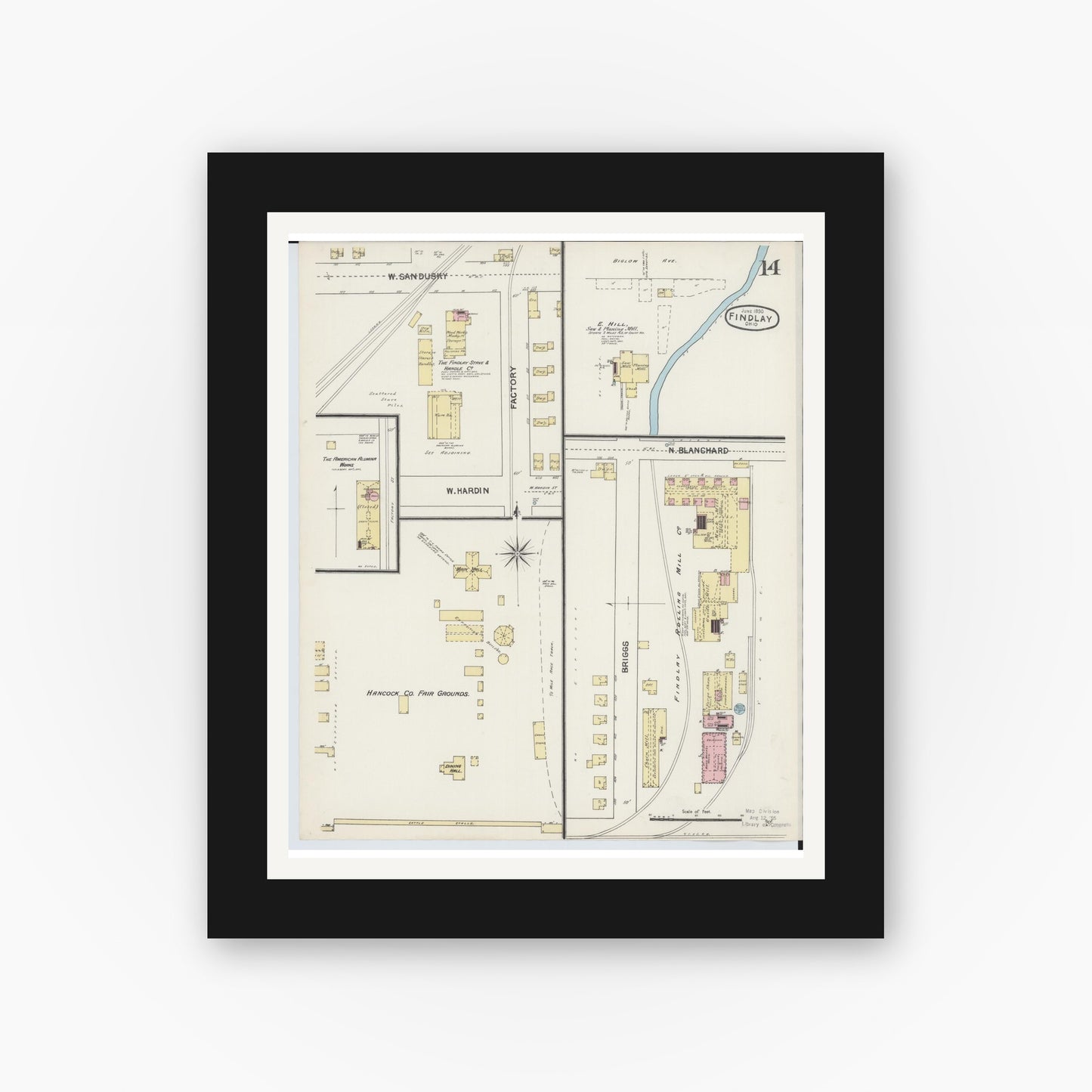 Old map wall art mockup — black gallery frame with white mat — Sanborn Fire Insurance Map from Findlay, Hancock County, Ohio (1890), Sheet #0014