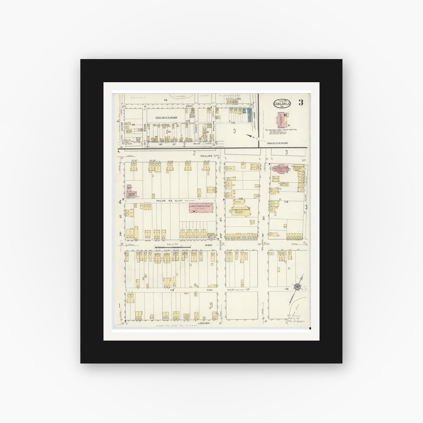 Old map wall art mockup — black gallery frame with white mat — Sanborn Fire Insurance Map from Coaldale, Schuylkill County, Pennsylvania (1916), Sheet #0003