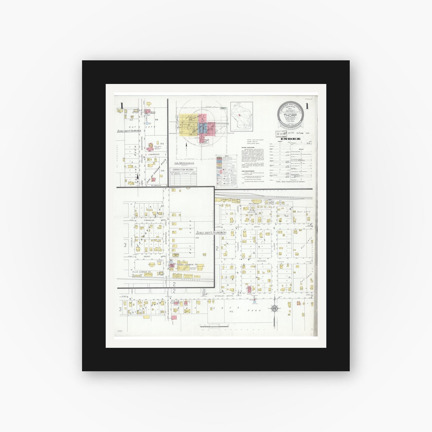 Old map wall art mockup β black gallery frame with white mat β Sanborn Fire Insurance Map from Thorpe, Clark County, Wisconsin (1933) - Complete Map Set
