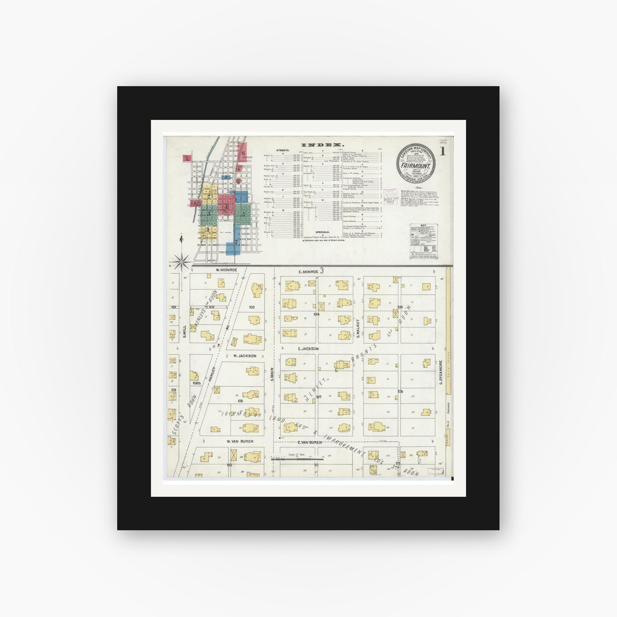 Old map wall art mockup — black gallery frame with white mat — Sanborn Fire Insurance Map from Fairmount, Grant County, Indiana (1902), Sheet #0001