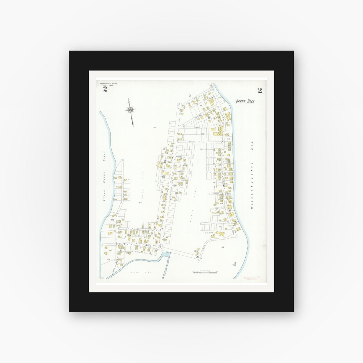Old map wall art mockup — black gallery frame with white mat — Sanborn Fire Insurance Map from Marshfield, Plymouth County, Massachusetts (1933), Sheet #0002